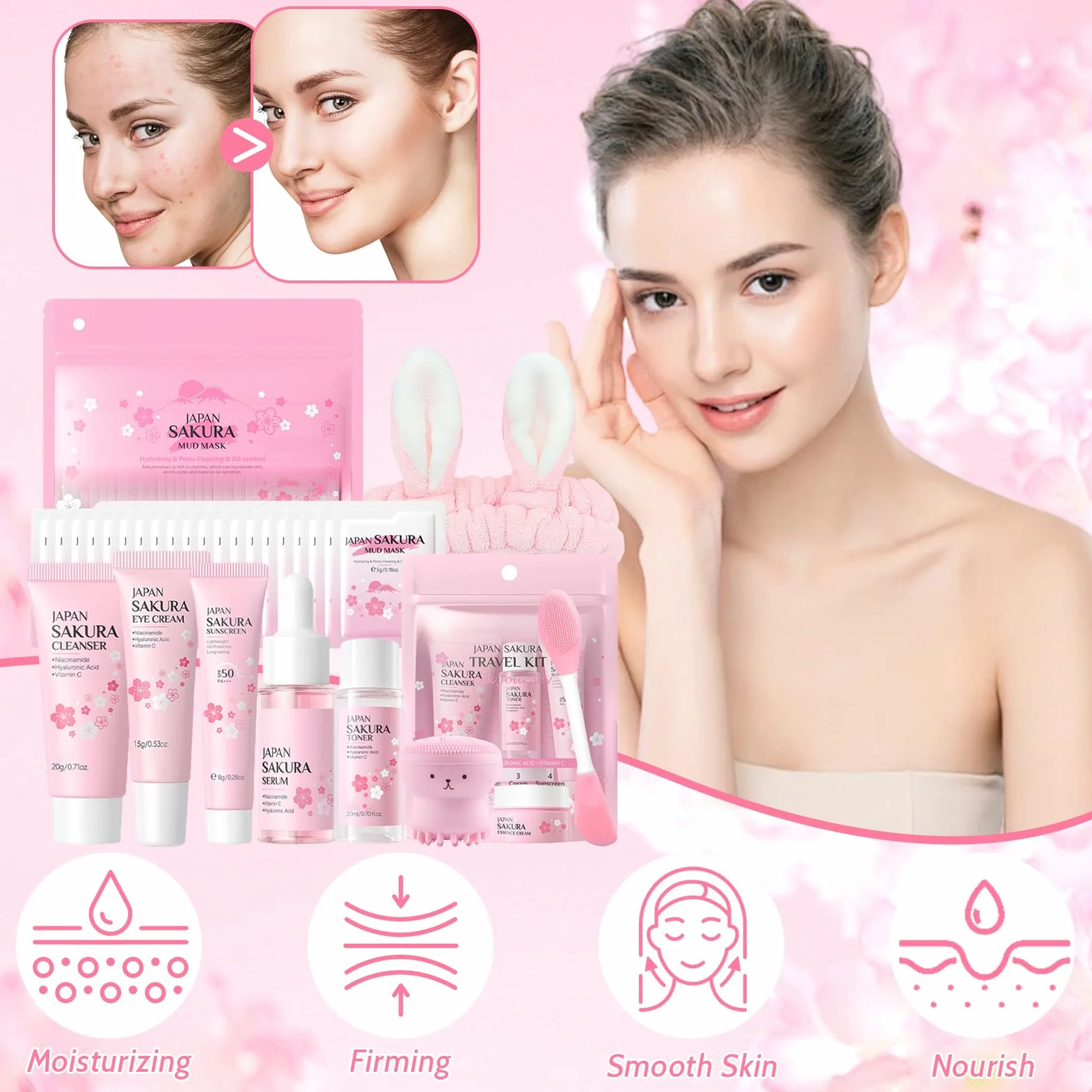 29 Pezzi Kit per la Cura della Pelle Sakura, include Detergente, Tonico, Crema Viso, Maschera, Siero e Crema per Gli Occhi, Mini Size da Viaggio Prodotti Skincare per Ragazze e Donne