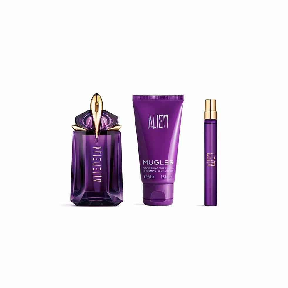 MUGLER Cofanetto Alien, Eau de Parfum + Eau de Parfum e Lozione Corpo, Profumo Donna, Profumo Ambrato, Legnoso e Floreale, Fragranza Straordinaria, Ricaricabile, 60 ml + 10 ml + 50 ml