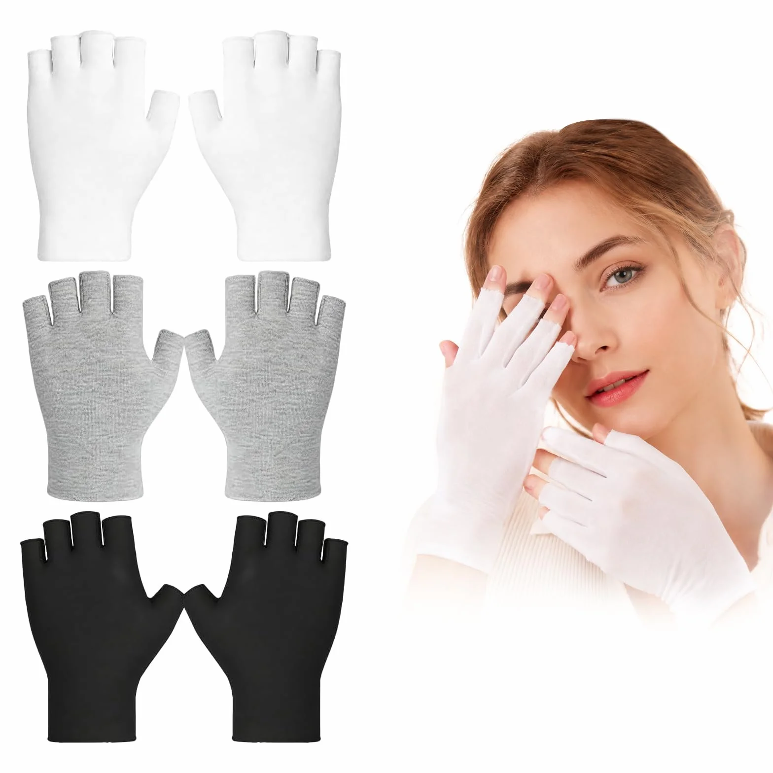 Guanti cotone dermatologici, 3 paia guanti in cotone senza dita per mani asciutte dormire e trattamenti viso, morbidi traspiranti con polpastrelli touchscreen per uso quotidiano