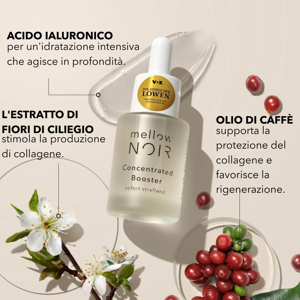 mellow NOIR Concentrated Booster 15ml | EFFETTO RASSODANTE IMMEDIATO | Siero viso all'acido ialuronico | Siero contorno occhi | Trattamento occhi e viso | Vegano | Cosmesi naturale certificata