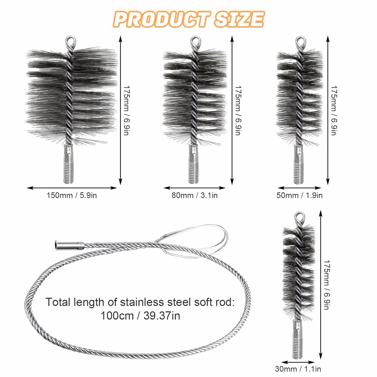 Kit Pulizia Canna Fumaria 5 Pezzi Spazzole Tubo Stufa Pellet Camino Legna Filo Acciaio 30/50/80/150 mm
