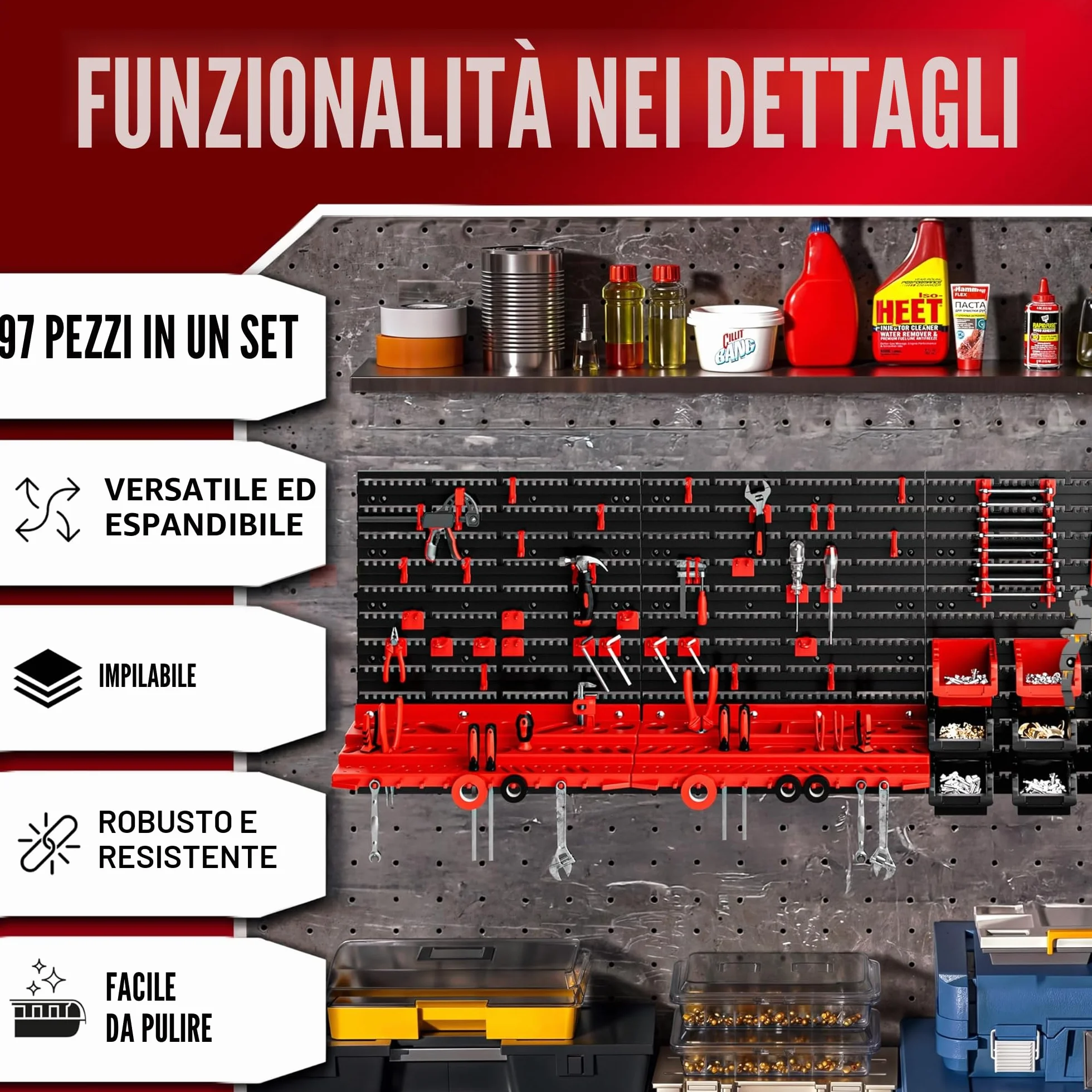 DEUBA Pannello Portautensili 97 pz Box Impilabili Parete Attrezzata Officina Organizer