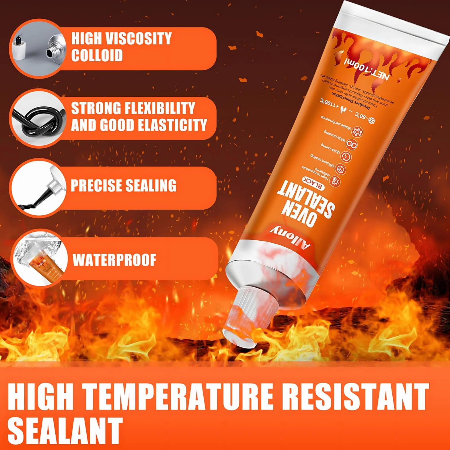 Adesivo Resistente al Calore 1100°C Nero - ALLONY Silicone Alta Temperatura per Guarnizioni