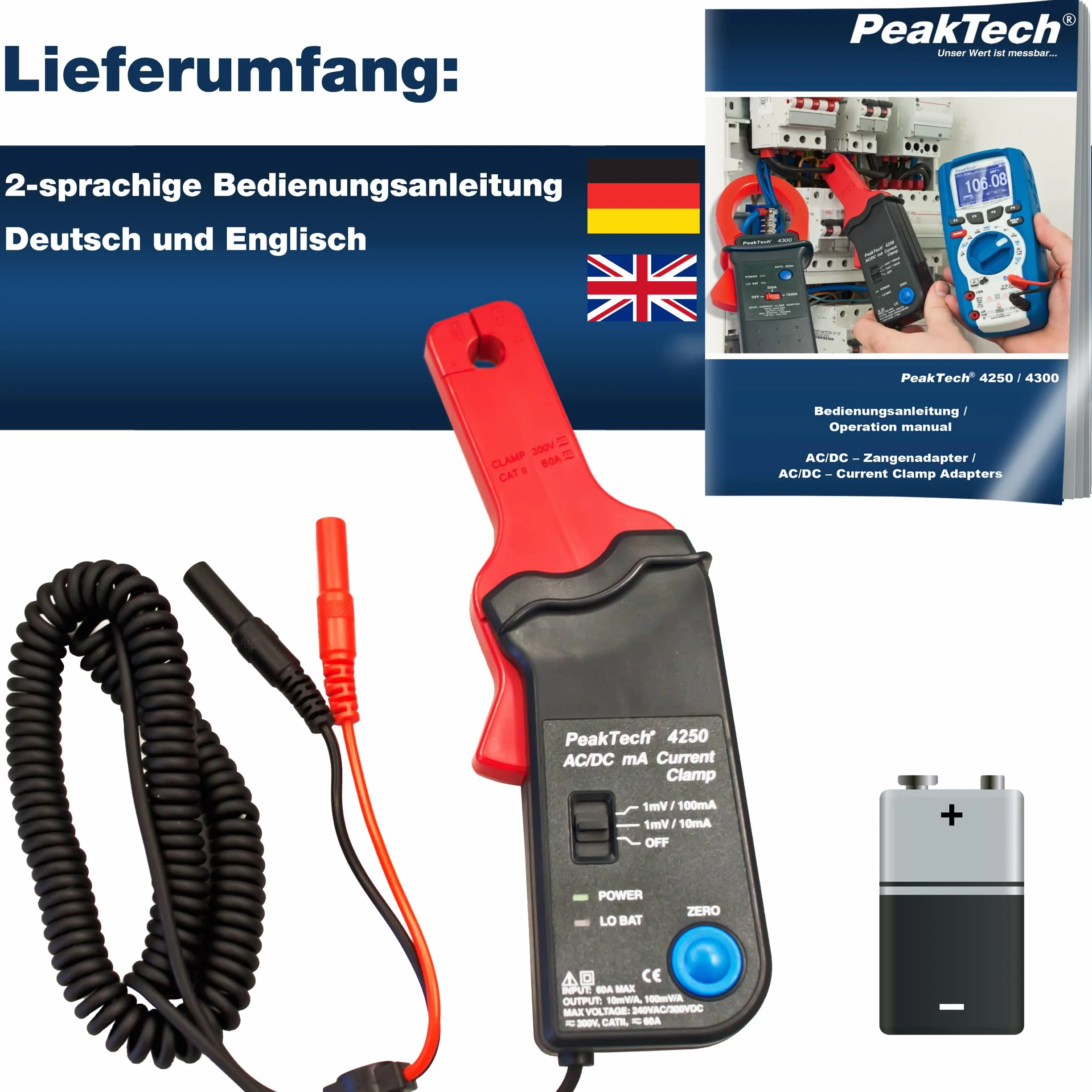PeakTech P 4250 Adattatore per pinza amperometrica per multimetro AC/DC 4 mm