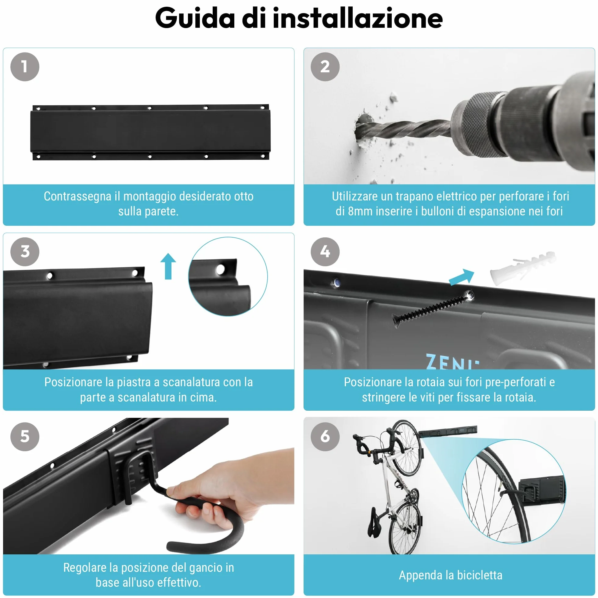 Porta Bici da Muro per 4 Biciclette e 3 Caschi, Portabici in Metallo con Ganci Resistenti fino a 136 kg