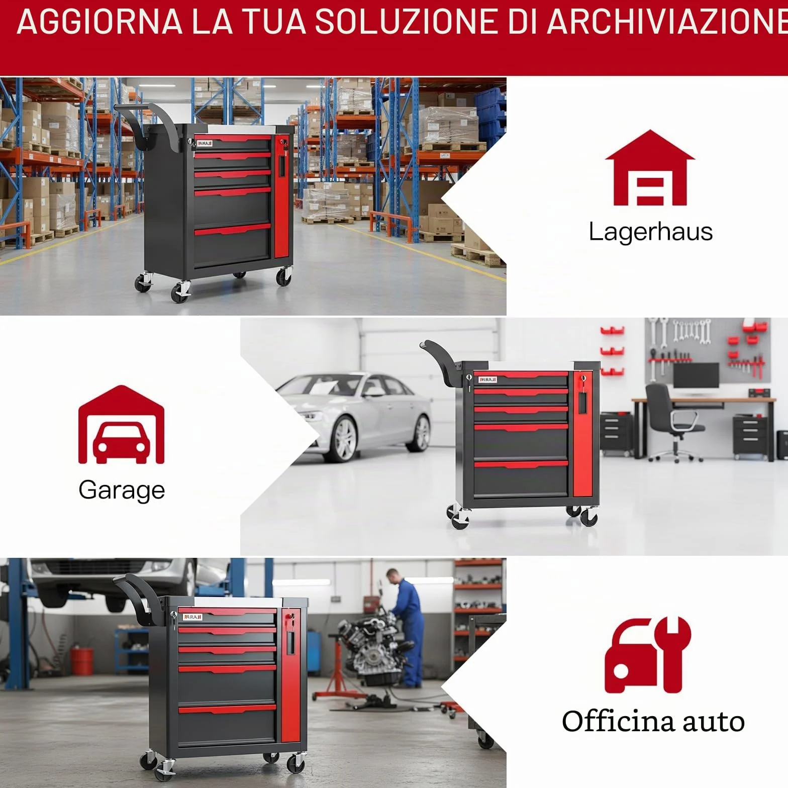 AIRAJ carrello porta attrezzi 5 cassetti con ruote per garage officina