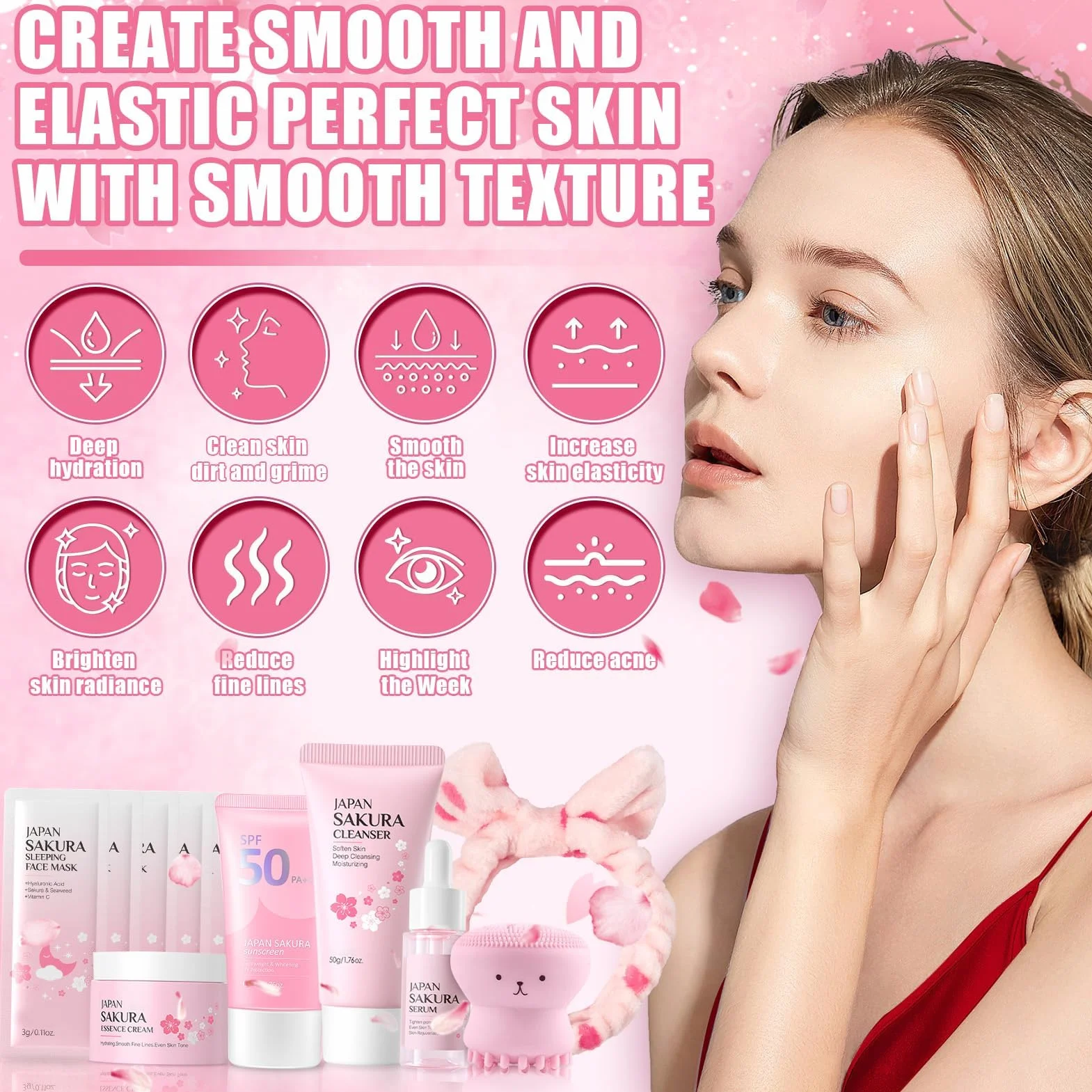 Kit per la Cura della Pelle Sakura 11 Pezzi,Include Fascia skincare, Spazzola per il viso,Pulizia,Crema solare 50,Essenza,Crema,Maschera per la notte (x5),Sakura Skincare Set per Ragazze Donne