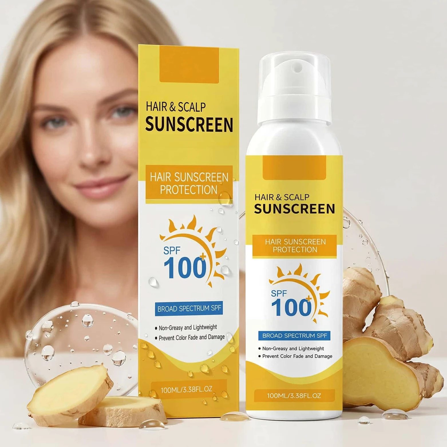 Spray solare SPF 100 per capelli e cuoio capelluto, protezione UV ad ampio spettro; spray leggero e non grasso che previene lo scolorimento dei capelli e i danni del sole, 100 ml (3Pezzo)