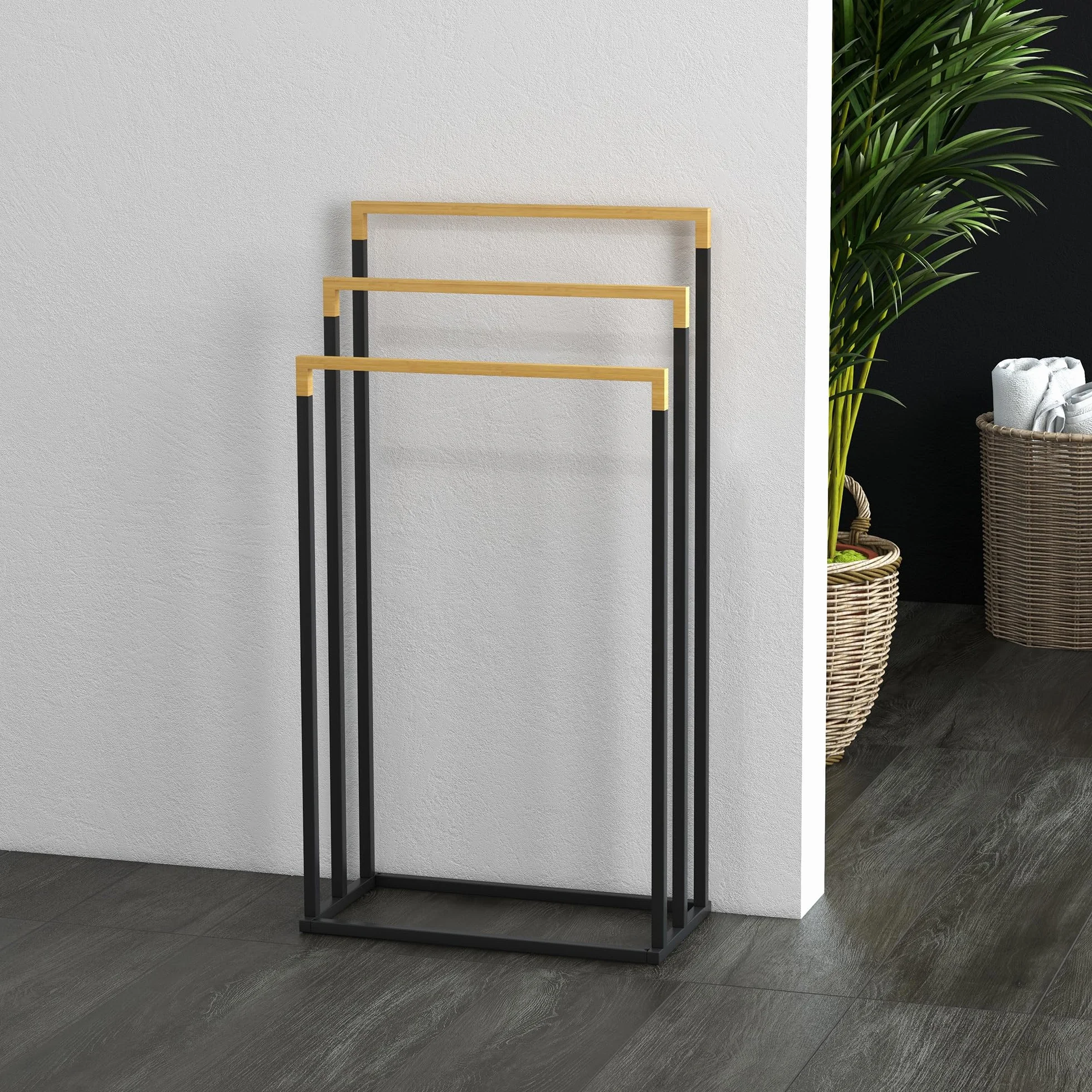Kleankin Portasciugamani 3 Sbarre Bambù Acciaio Autoportante 45x22.5x86 cm Nero