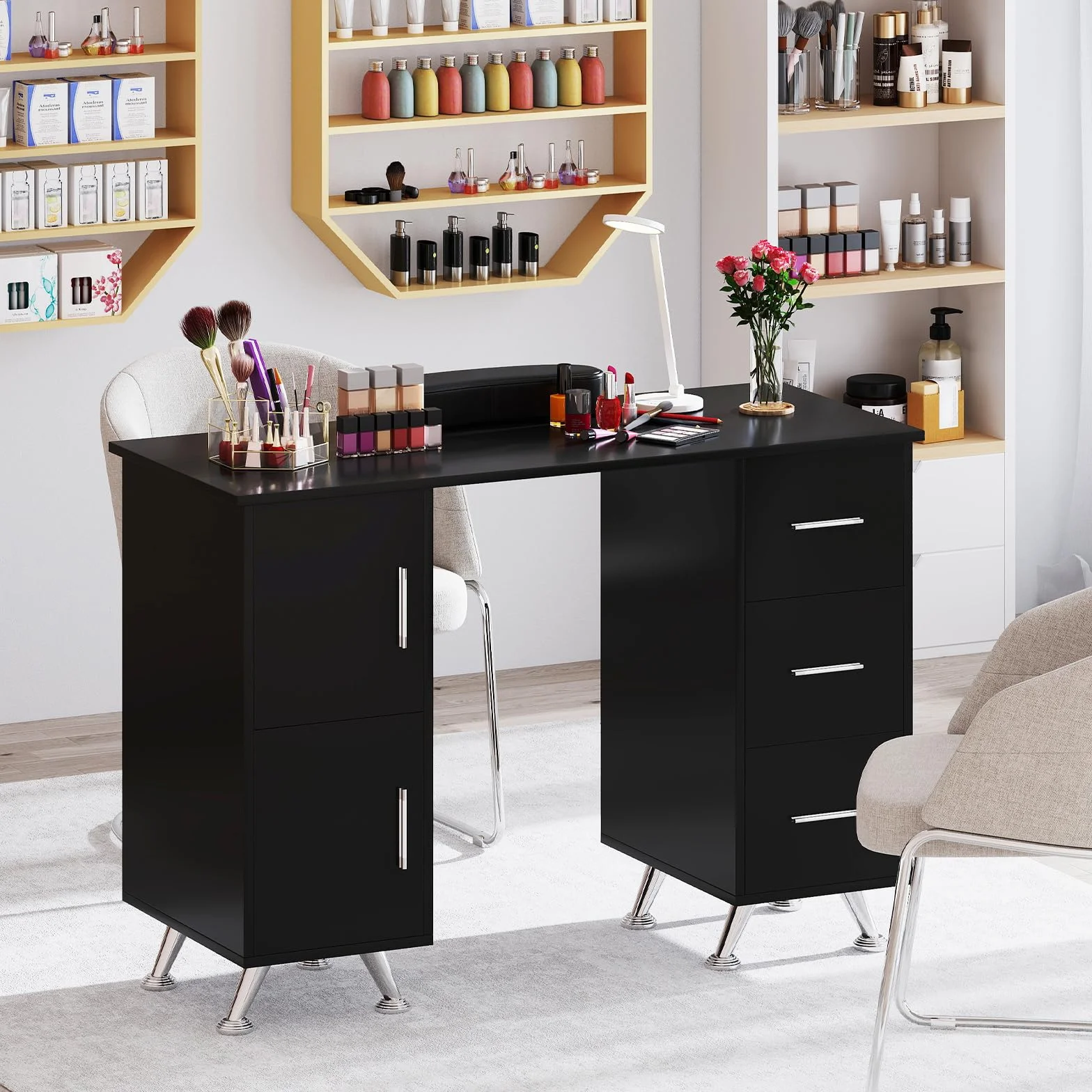 HOMASIS Tavolo per Manicure in Legno, Scrivania per Unghie con 3 Cassetti, 2 Armadietti, Poggiapolsi Rimovibile, Tavolo da Nail Art con Piedini Metallici per Salone di Bellezza, Trucco (Nero)
