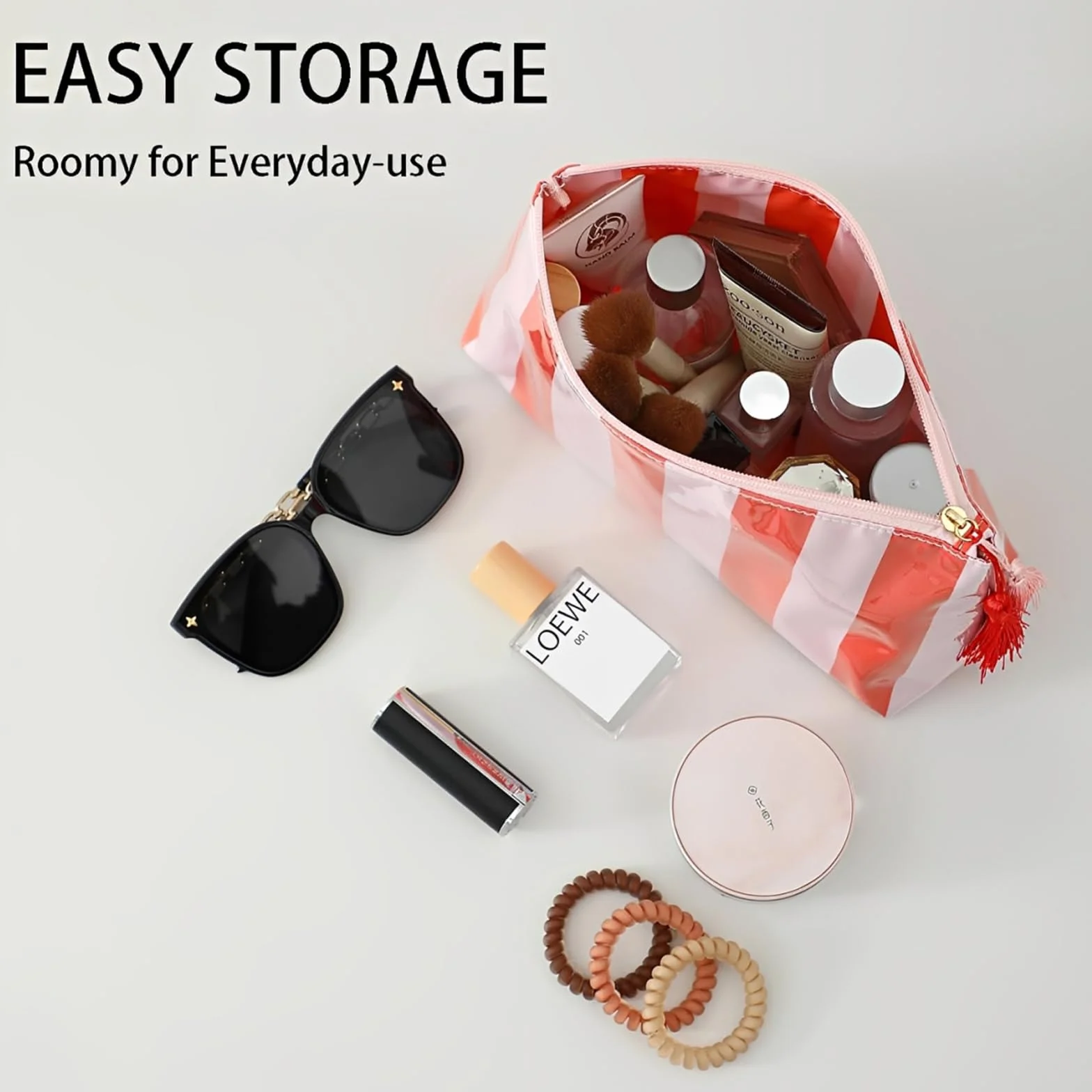 Borsa Cosmetica da Viaggio Donna Astuccio da Toilette a Righe Arancione Beauty Case Impermeabile in PVC con Cerniera Porta Trucchi Trousse Organizer Portatile per la Spiaggia e le Vacanze Estive