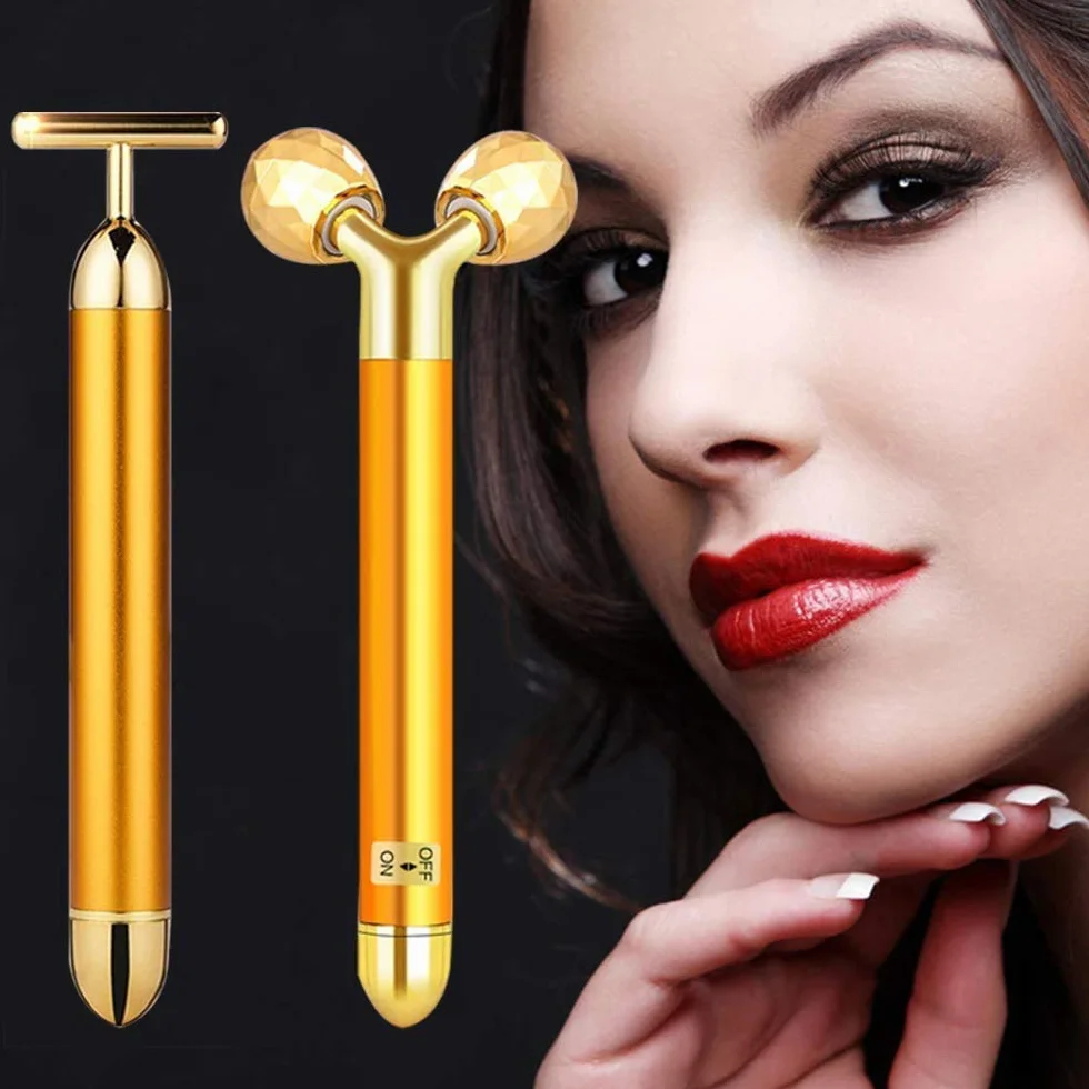 2-IN-1 Beauty Bar 24k Golden massaggiatore viso, rullo 3D elettrico e kit di massaggio viso a forma di T, Massaggiatore per la testa, naso, guancia, collo, braccio, occhi