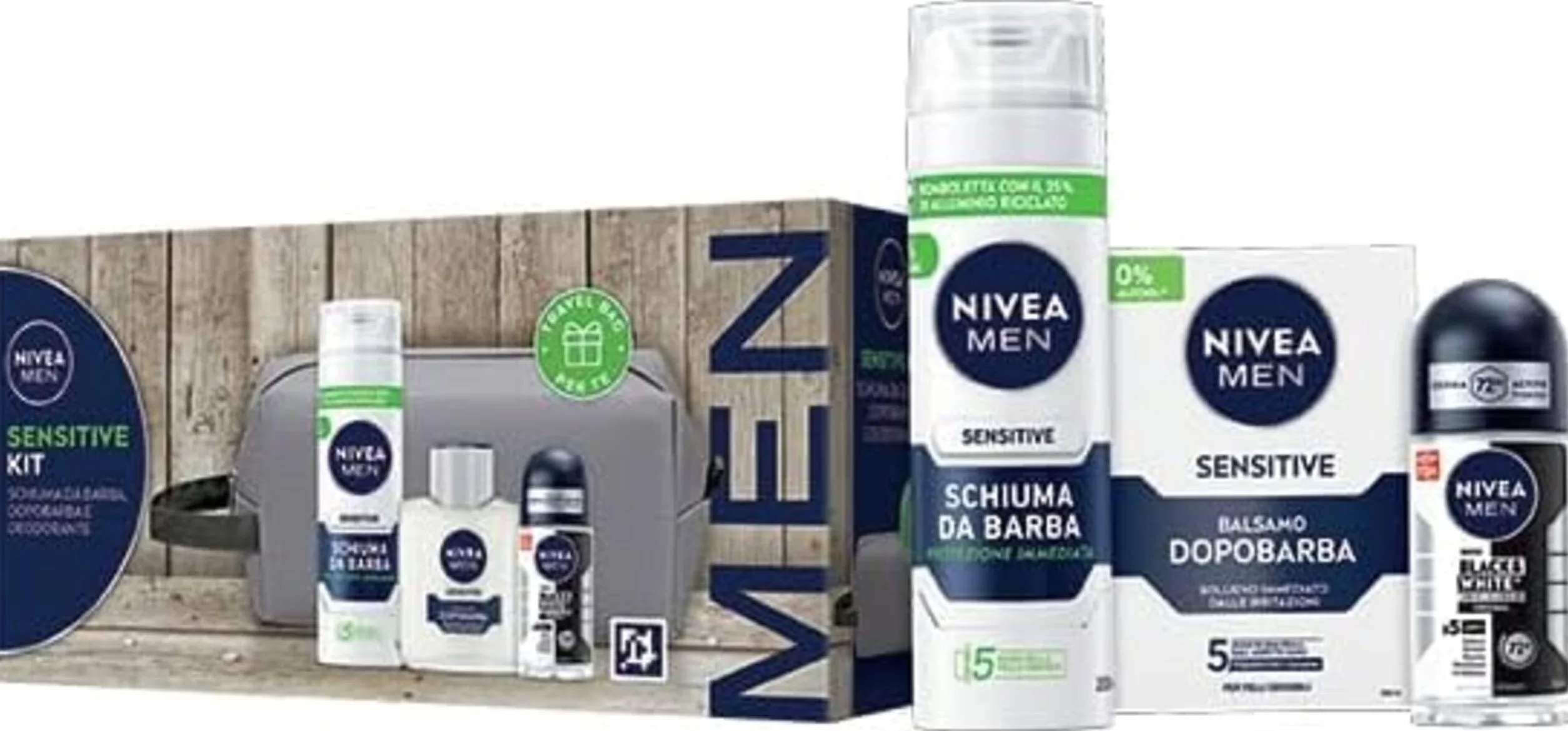 NIVEA MEN Sensitive Kit Cofanetto Regalo Uomo, Set regalo con Schiuma da Barba 200 ml, Balsamo Dopobarba 100 ml, Deodorante uomo Black & White 50 ml e Travel Bag omaggio inclusa