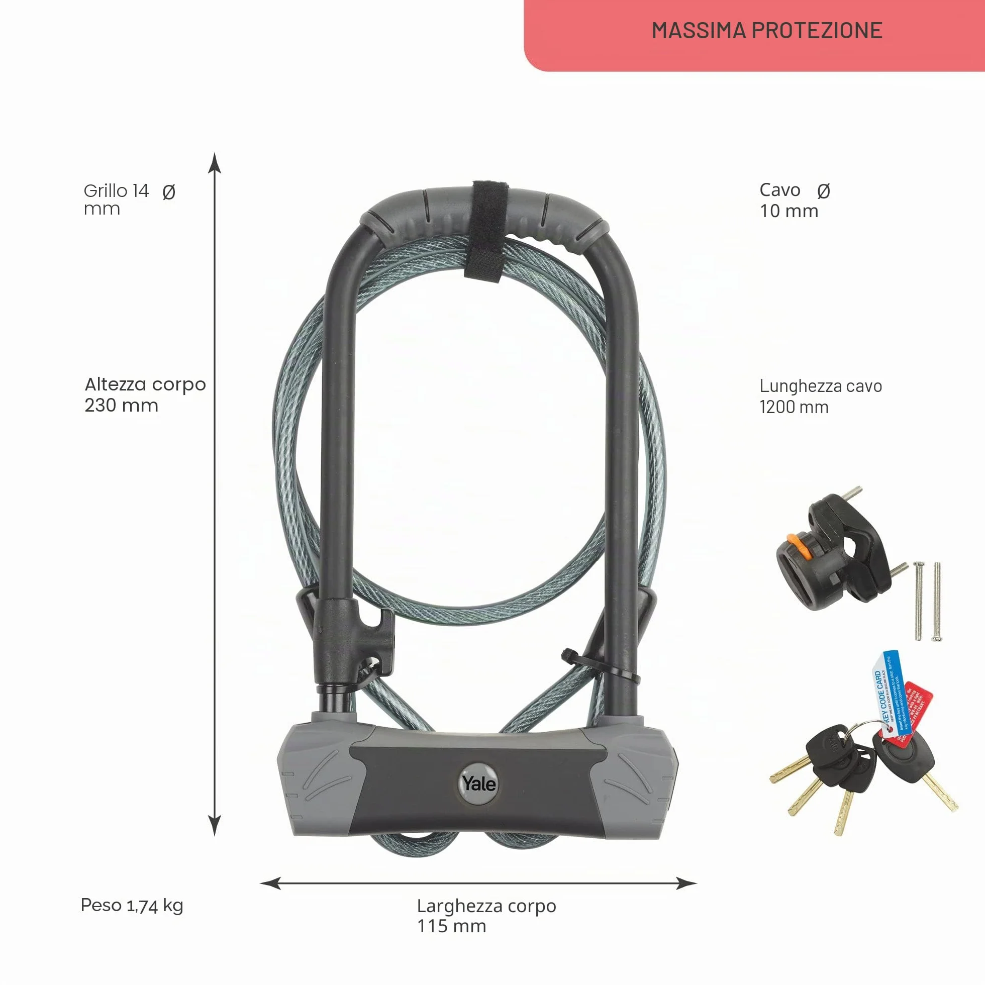 Yale YUL3C/14/230/1 Lucchetto a U 230 mm Arco Rinforzato Acciaio Ø14 mm Serratura Chiave Alta Resistenza Cavo Acciaio 1200x10 mm per Bici Moto