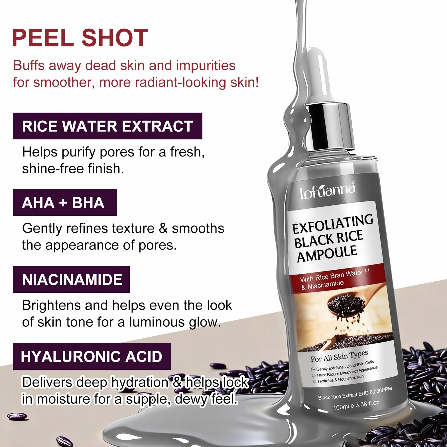 Black Rice Peeling Serum 100ml, Esfoliante Viso Delicato, Siero Esfoliante Riso Nero, Rimuove Cellule Morte e Punti Neri, Minimizza Pori, Niacinamide & Estratto di Riso Nero, Pelle Luminosa e Liscia