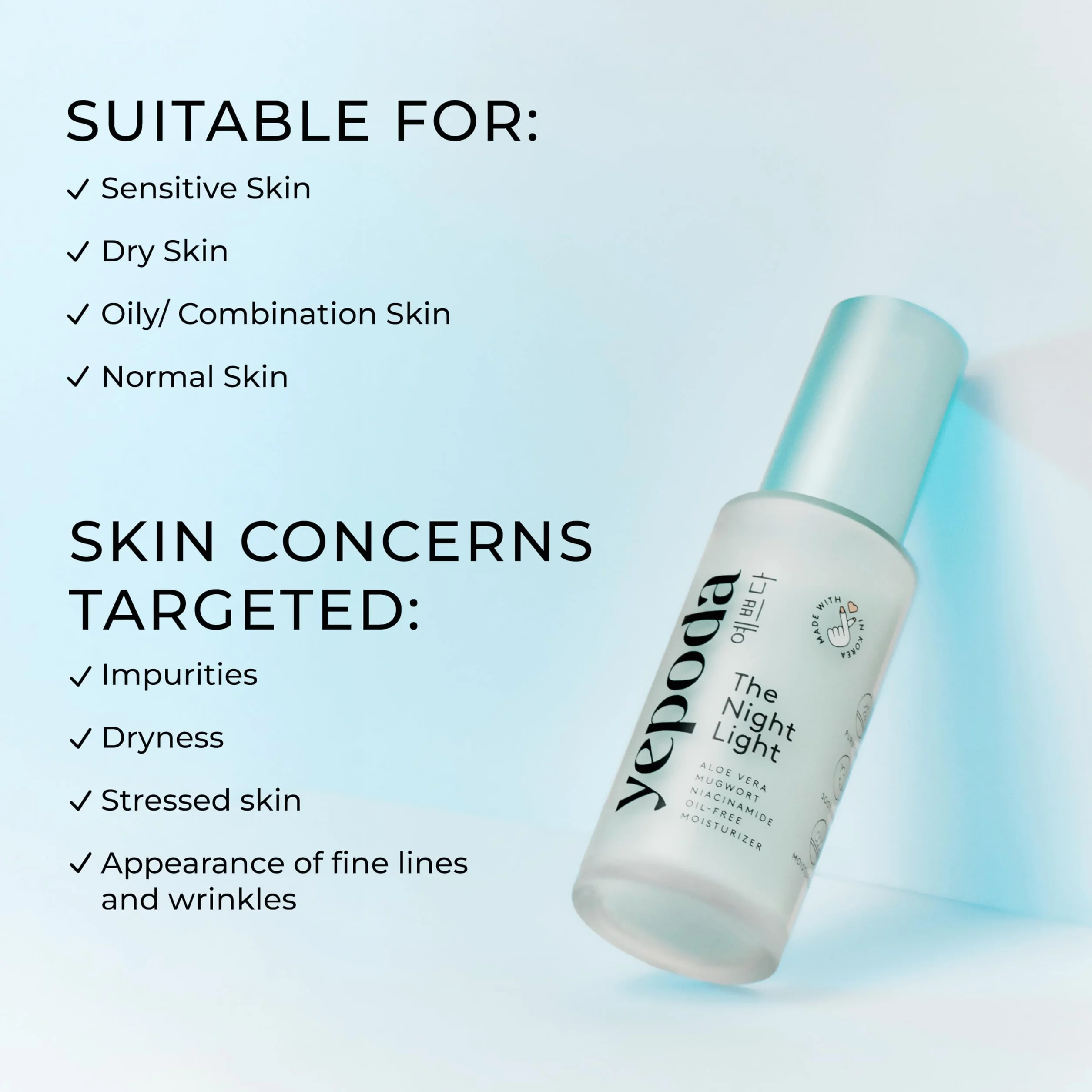 Yepoda The Night Light, Crema Notte Idratante Purificante e Lenitiva Senza Oli con Aloe Vera, Artemisia e Niacinamide, Crema Viso Vegana Coreana Per Tutti i Tipi di Pelle, 50 ml