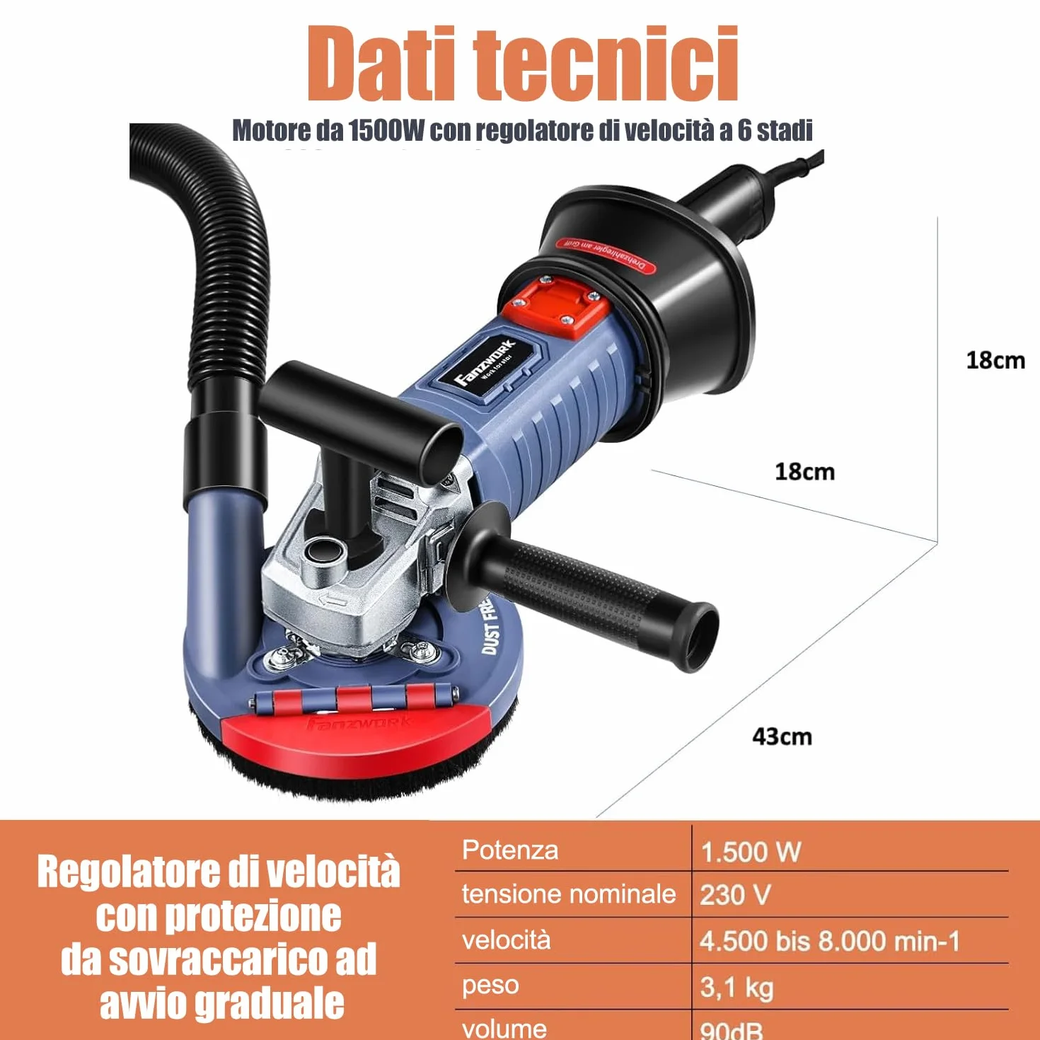 FANZWORK Levigatrice per Cemento 1500W, 2 Dischi Diamantati 125mm, Cappa Antipolvere, Manico a T, Velocità Regolabile