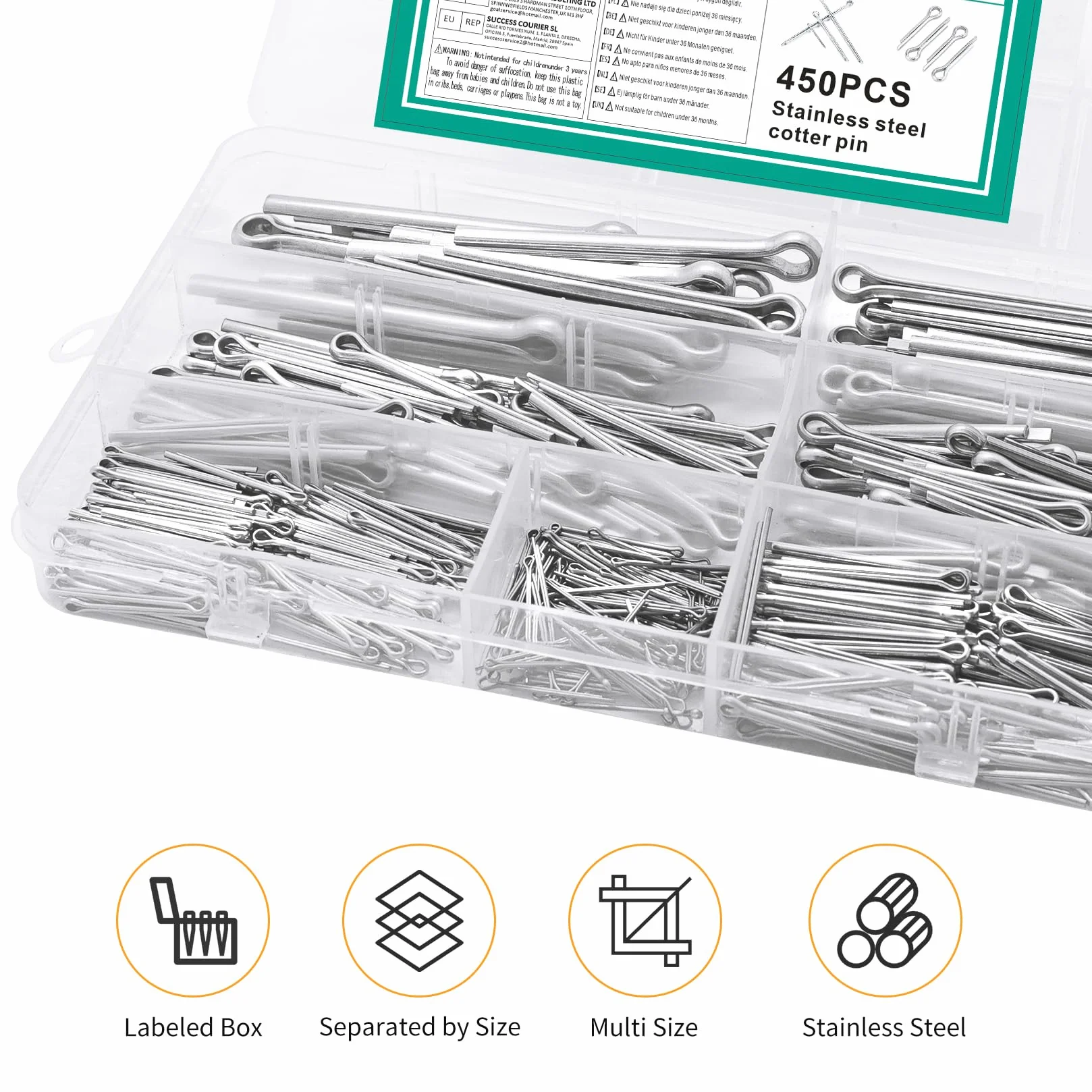 Coppiglie Acciaio Inox 450 Pz, Coppiglia Spine Elastiche, Coppiglia di Bloccaggio per Trattori Auto Riparazioni