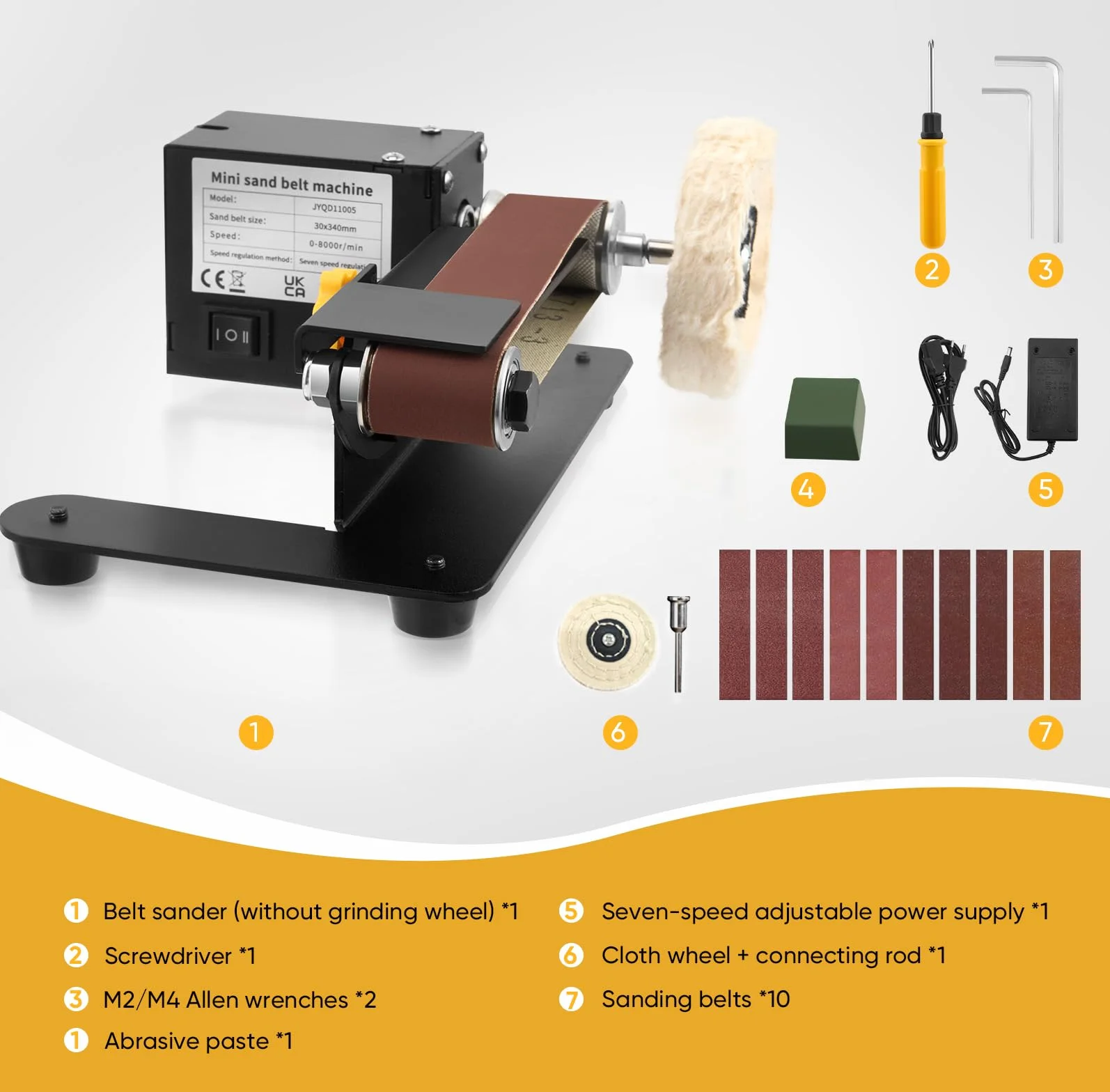 Levigatrice a nastro mini elettrica 250 W 7 velocità regolabili 330 x 30 mm per metallo legno