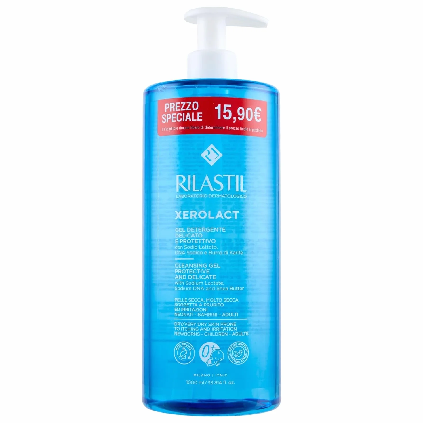 Rilastil Xerolact Gel Detergente Special Price, Gel Schiumogeno Detergente pH 5.5, con Sodio Lattato, DNA Sodico e Burro di Karitè, 1000 ml