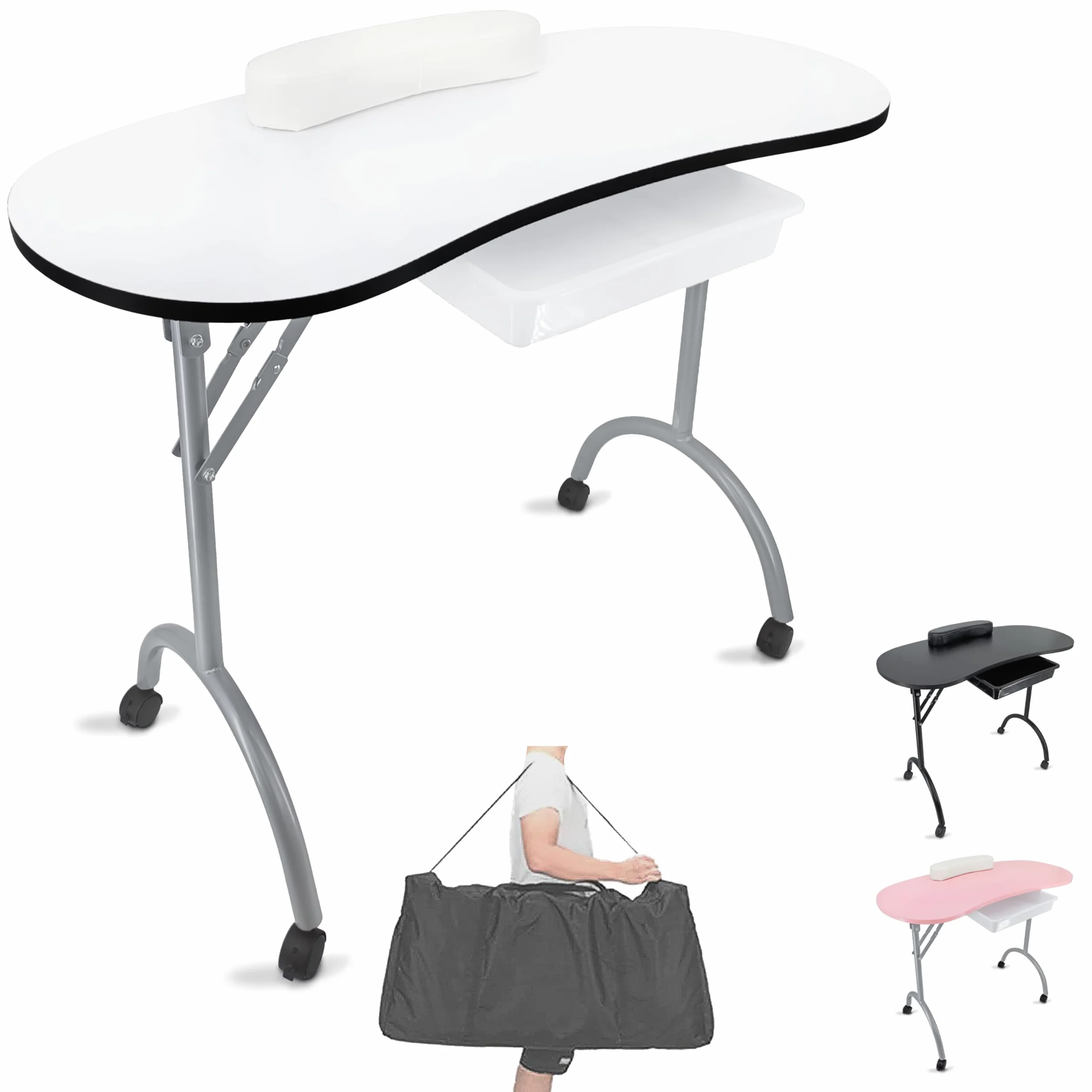 Beltom® Tavolo Manicure Professionale Pieghevole con CASSETTO, Cuscino POGGIA Polsi E Borsa PESA Solo 9,5 kg-Dimensioni 98x44x77 CM-RICOSTRUZIONE Unghie Estetista Nail Art ONICOTECNICA-Bianco