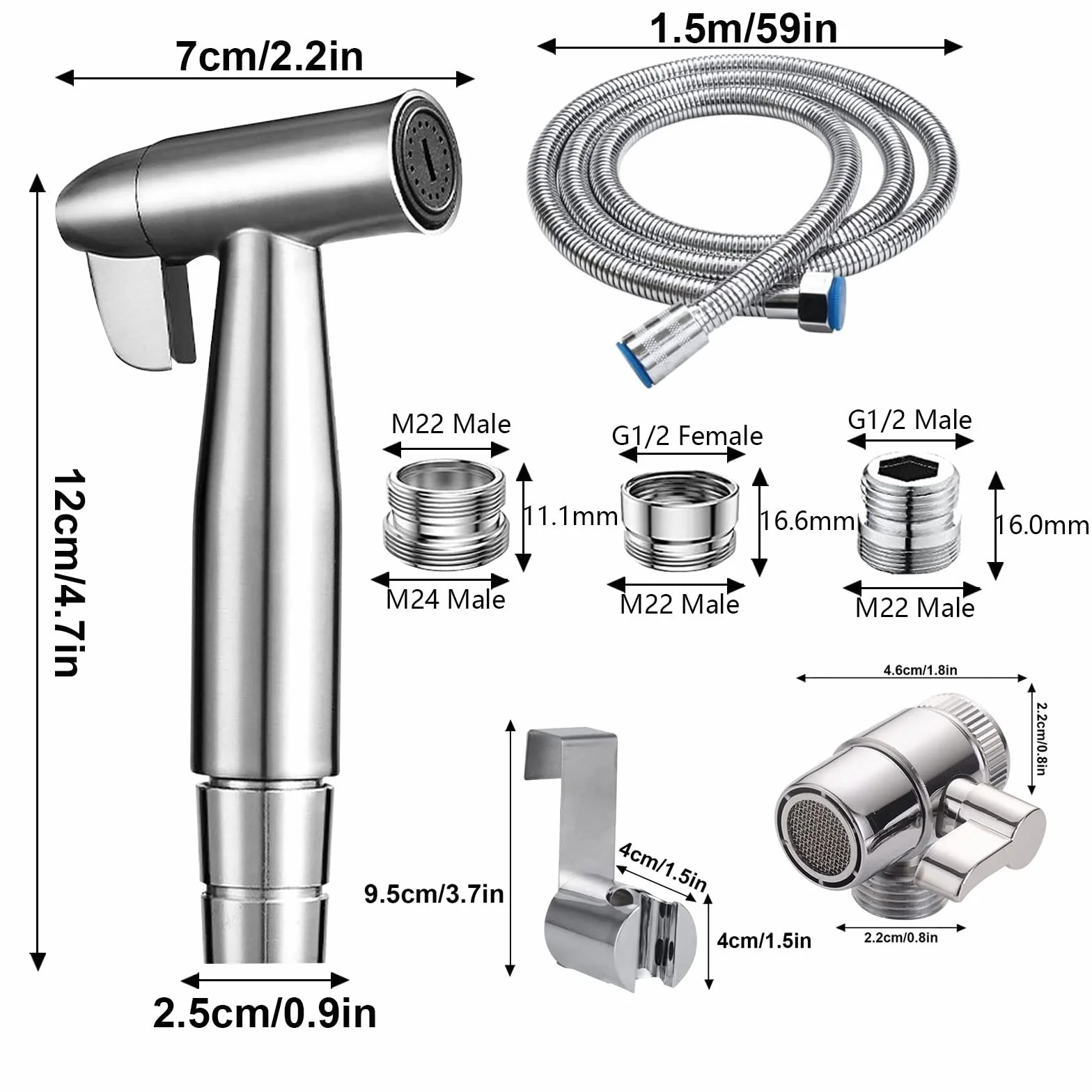 Bidet doccia a mano in acciaio inox, kit spruzzo per pannolini con rubinetto e tubo flessibile
