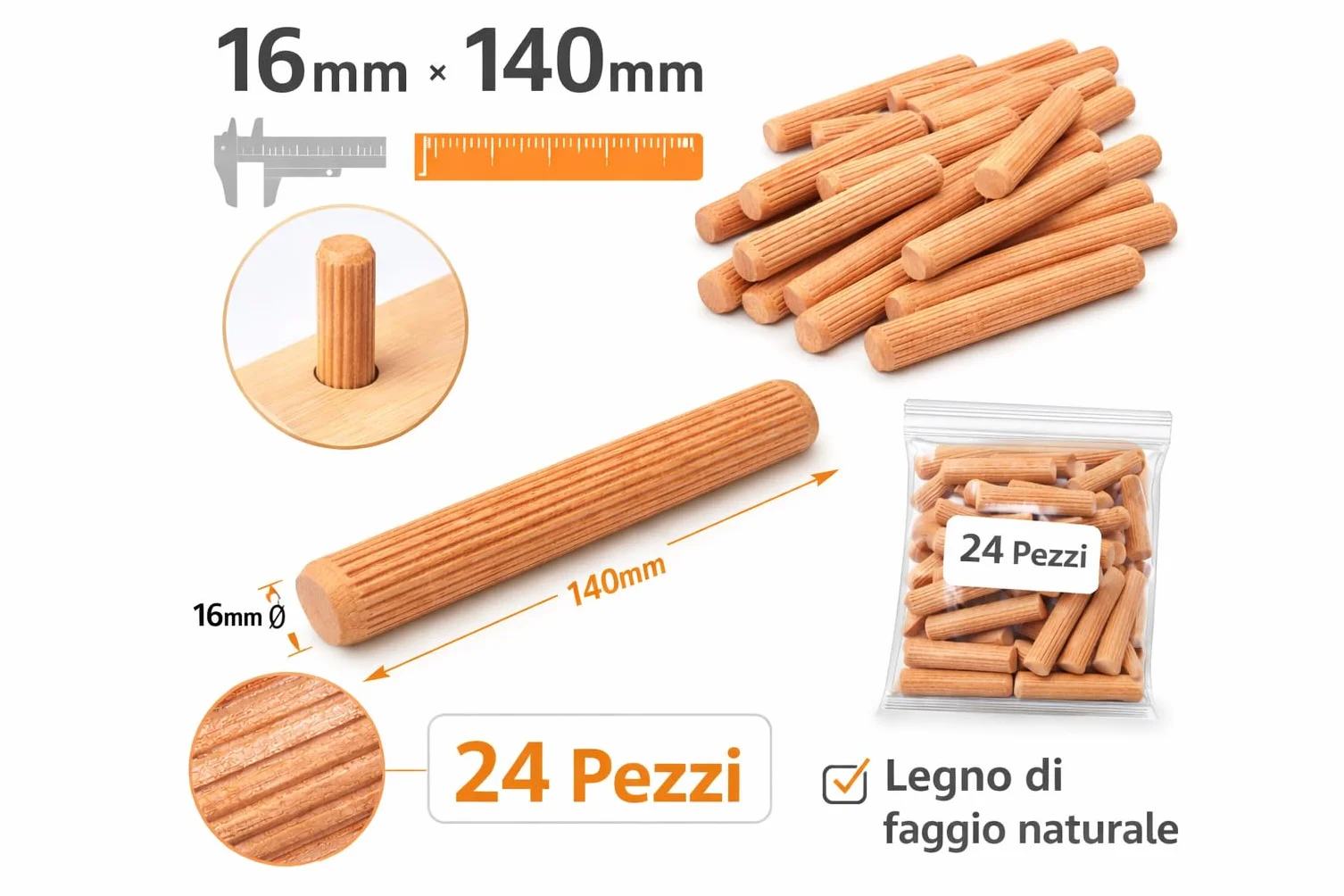 Perni di Giunzione in Legno di Faggio 24 Spine 16 x 140 mm Scanalate per Carpenteria e Strutture in Legno Massello