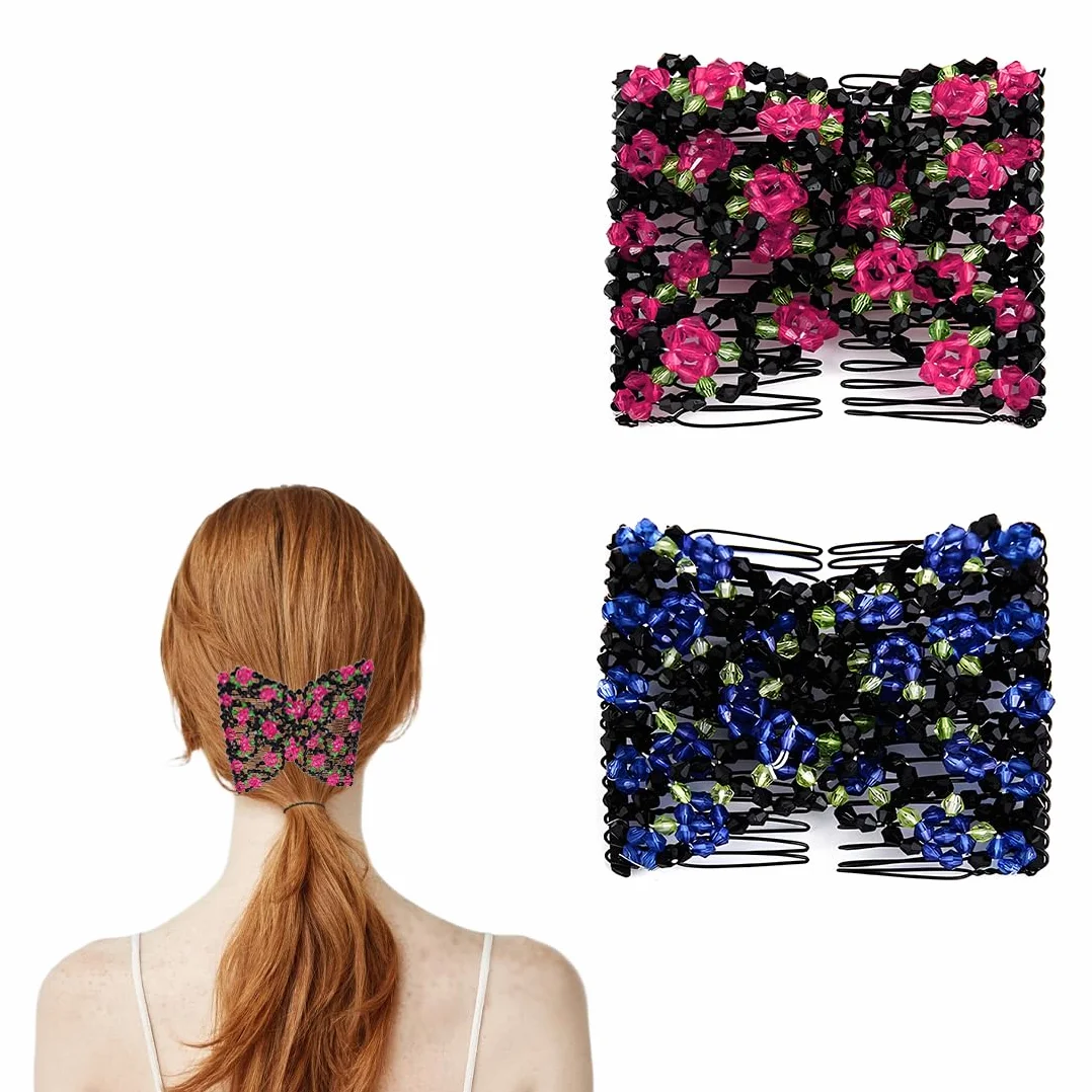 2 Pcs Pettinini Fermacapelli a Fiore, Fermagli a Pettine per capelli magico, Elastico, Stretchy, Doppie Clip, Hair Comb Accessorio per Donne Ragazze