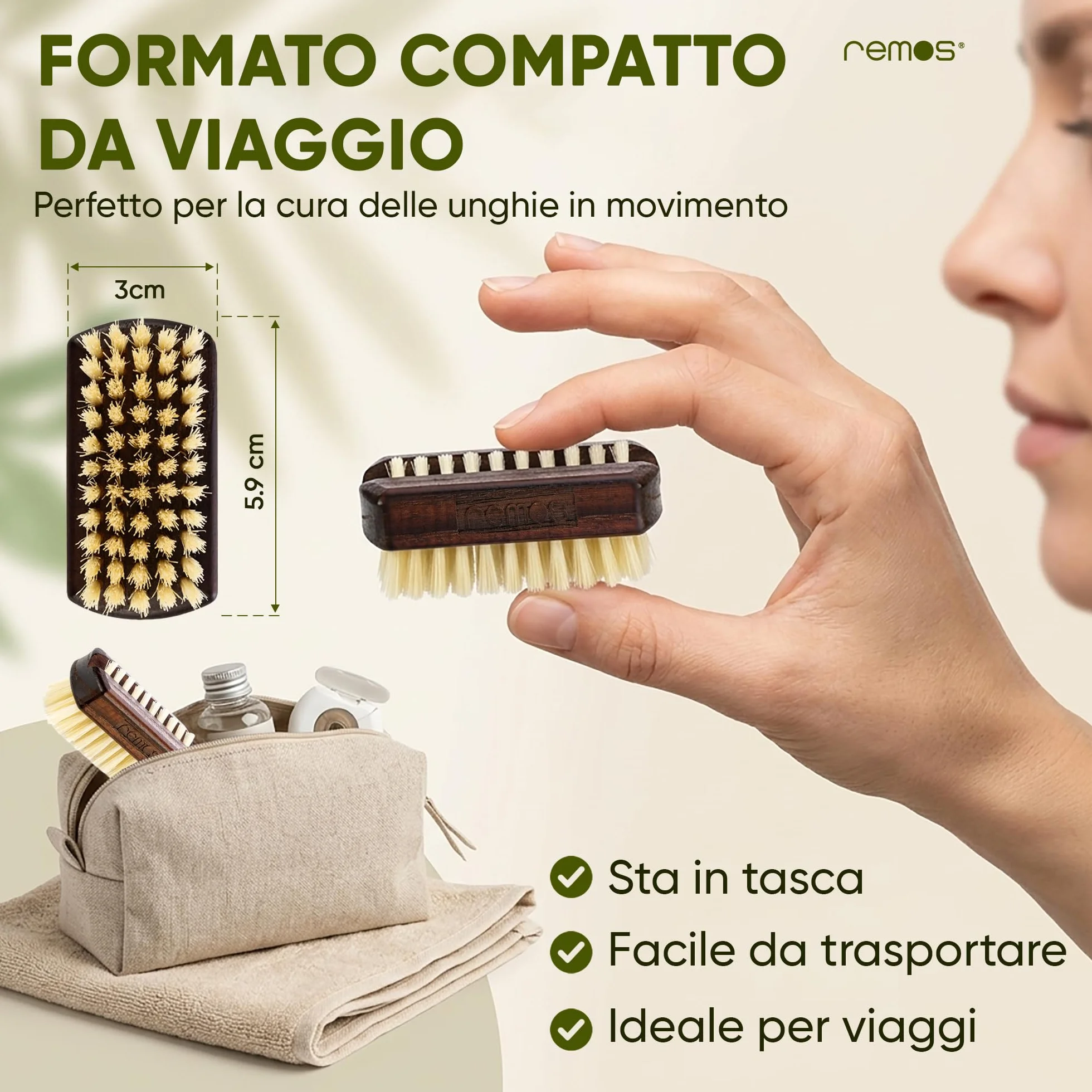 REMOS Spazzola da viaggio mini con setola naturale in legno di faggio termico
