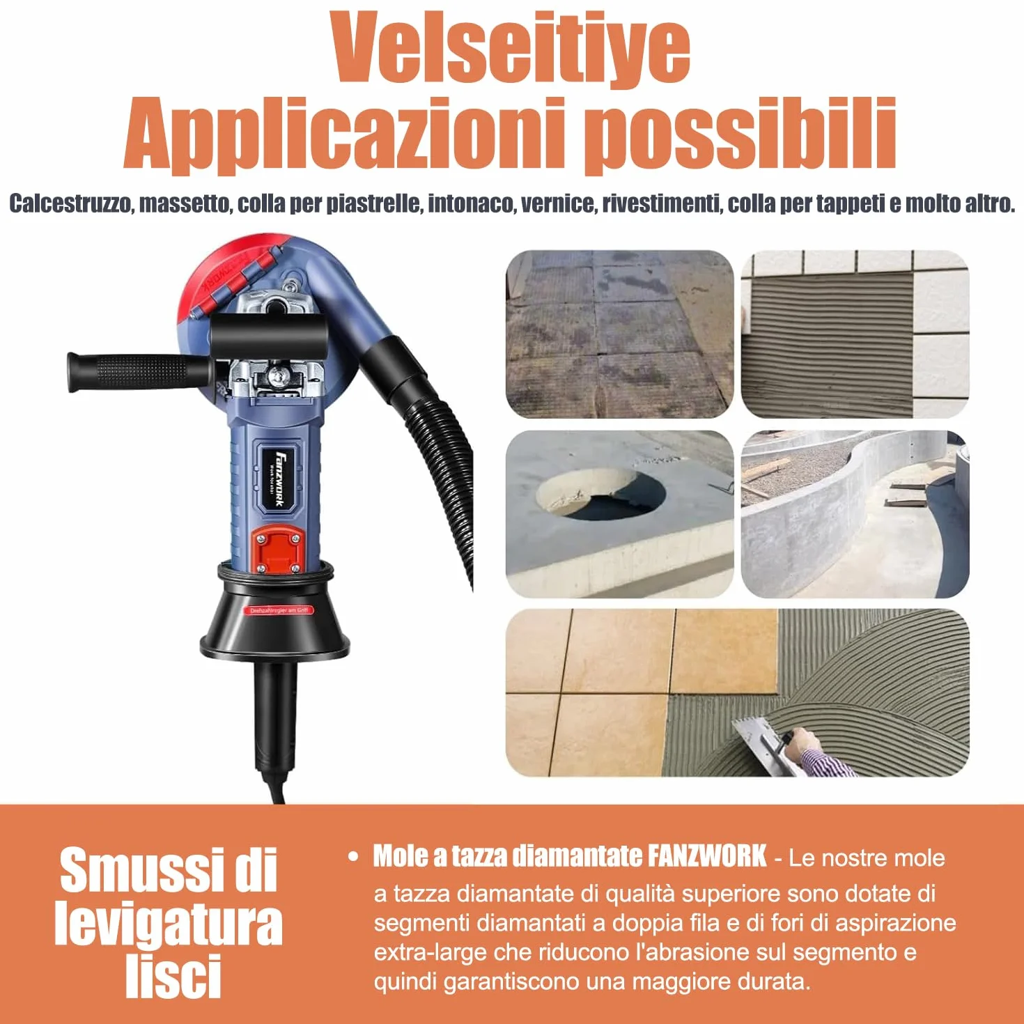 FANZWORK Levigatrice per Cemento 1500W, 2 Dischi Diamantati 125mm, Cappa Antipolvere, Manico a T, Velocità Regolabile