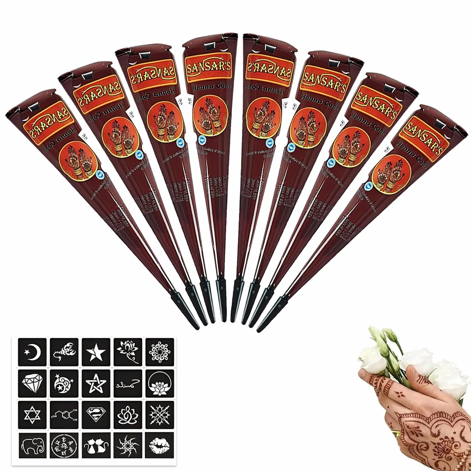 ElevaPulse 8 pezzi henné marrone lentiggini – Henné naturale rosso marrone per tatuaggi e colore, con 20 stencil per body art