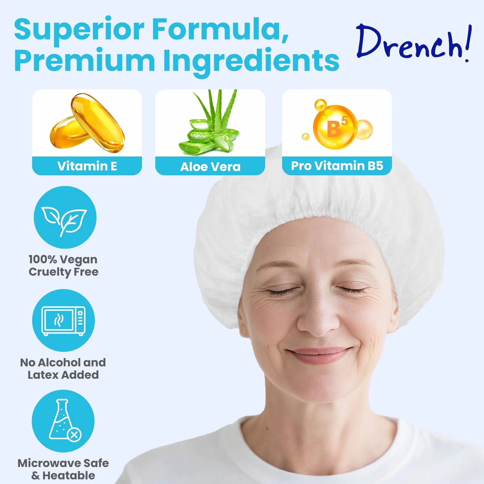Drench! Medical Cuffia Shampoo Secco senza Acqua - 12 Unità - Balsamo senza Risciacquo - Facile da Usare per Anziani e Costretti a Letto - Con Vitamina E e Provitamina B5