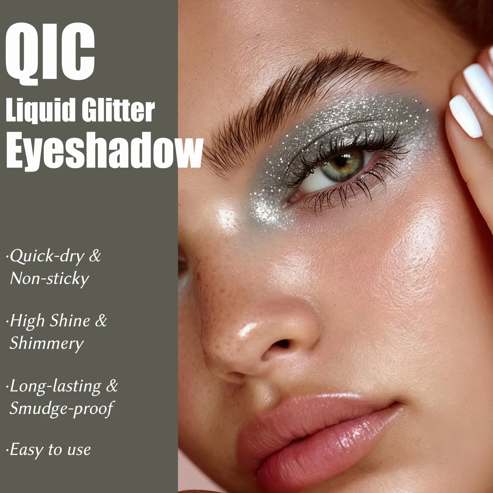 QIC Ombretto Liquido Glitter, Finish Metallico e Scintillante, Lunga Durata, Senza Crepe, Resistente allo Sfregamento, Formula Leggera per Tutti i Toni di Pelle, Colore Costruibile (01 Milky Way)