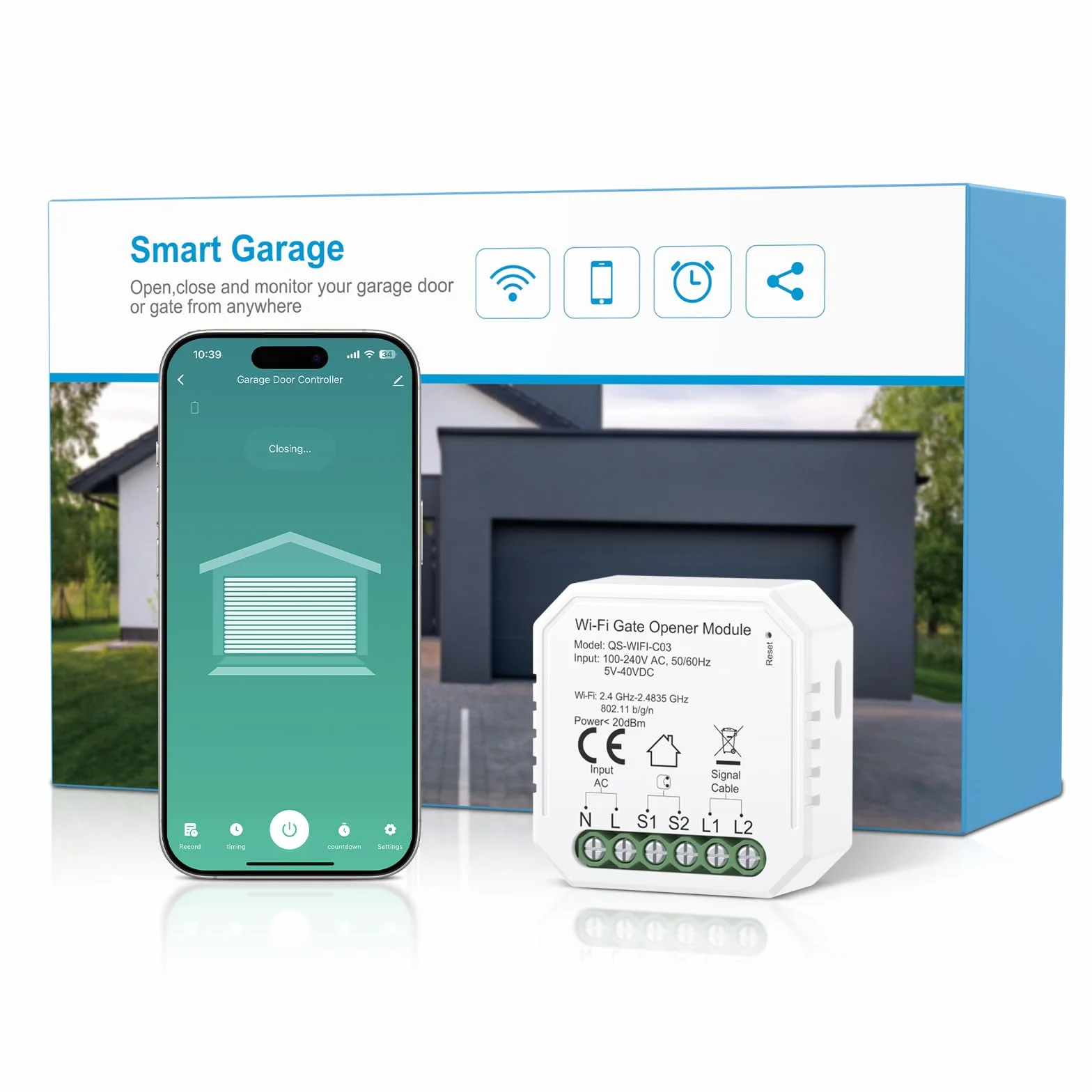 Maxcio Apriporta WiFi Garage Door Opener, Intelligente Compatibile con Alexa/Google Home, APP Controllo Remoto, AC/DC