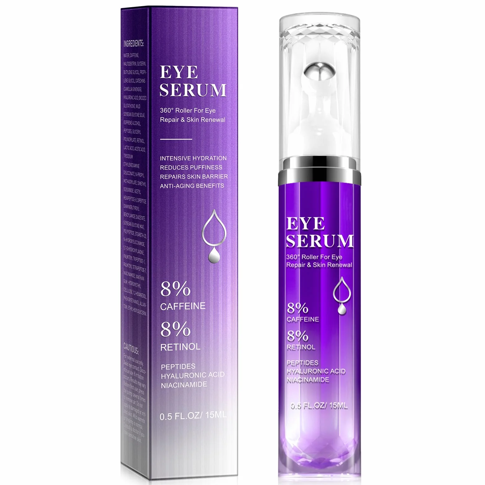 Siero Per Gli Occhi Con Roller Ball, Crema Occhi, Rullo A 360° Per Il Massaggio Degli Occhi, Retinolo E Acido Ialuronico, Ridurre Le Rughe Degli Occhi,Rinfrescante E Di Facile Assorbimento 15Ml