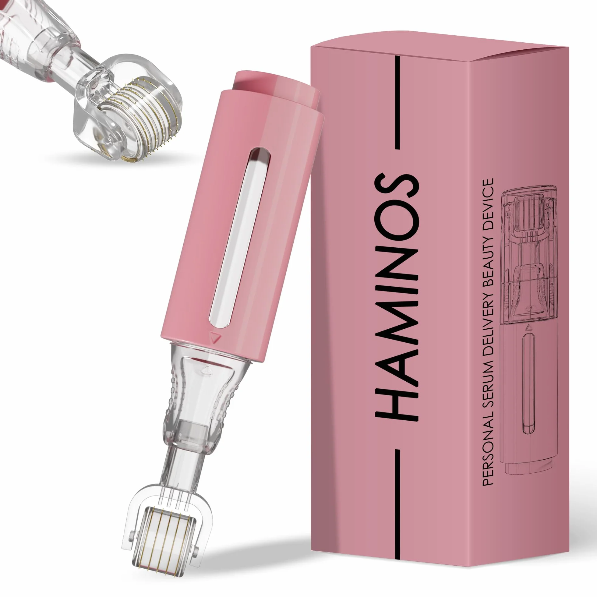 HAMINOS Derma roller 0,25 mm con Serbatoio per Labbra, Pelle, Capelli, Rughe, Smagliature, Iperpigmentazione APPLICAZIONE DEL SIERO ISTANTANEO, 105 aghi in titanio