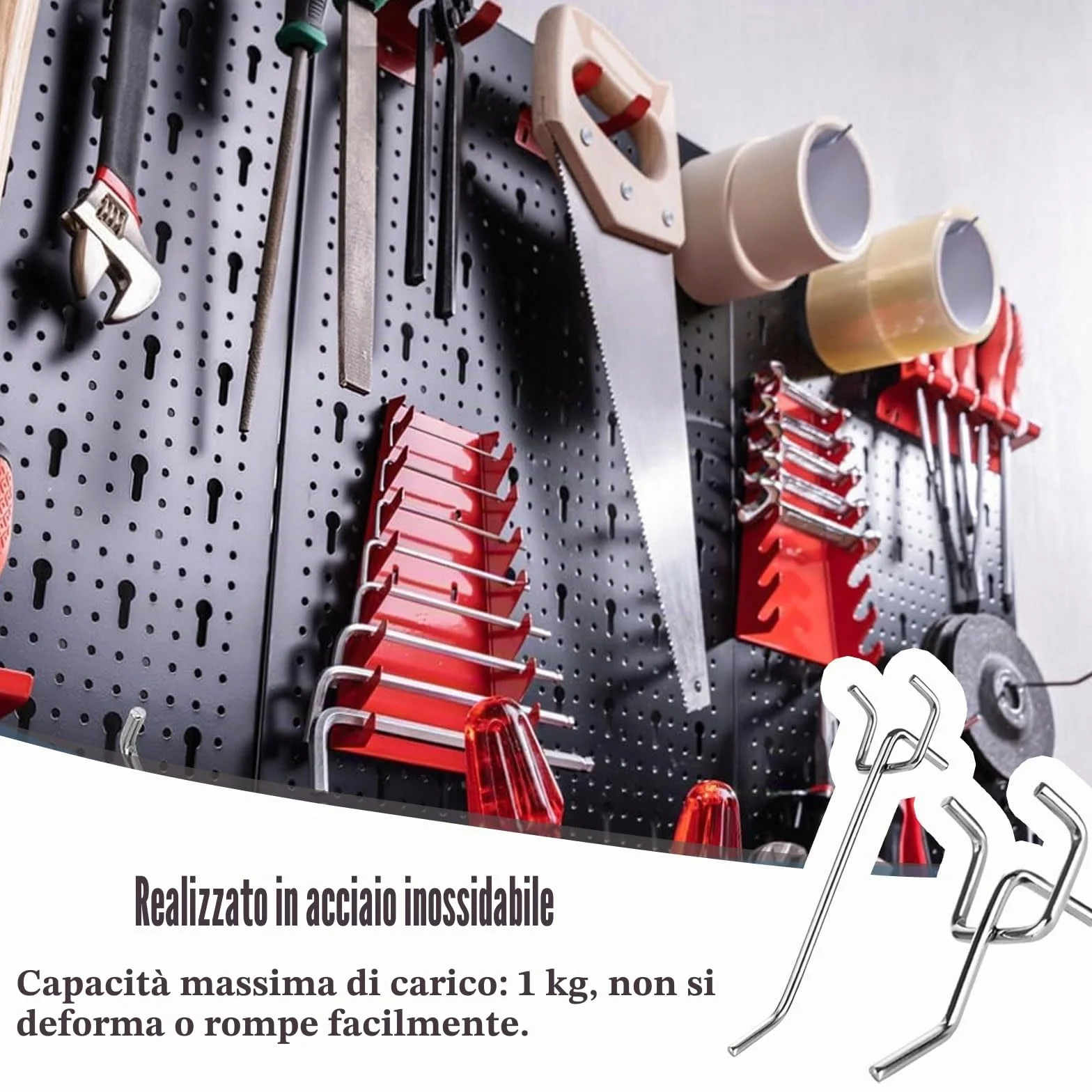Ganci Pegboard Metallici 60 Pezzi, Supporto Utensili 3cm, Diametro 3mm per Scaffali e Officine