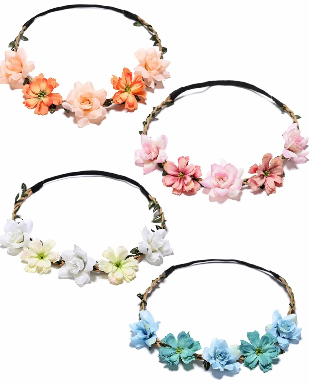 4 Pezzi Coroncine Fiori Capelli Set, Fascia Corona Fiori Regolabile Cerchietto Floreale per Matrimoni, Festival, Feste a Tema, Accessorio Bohémien Donna e Ragazza