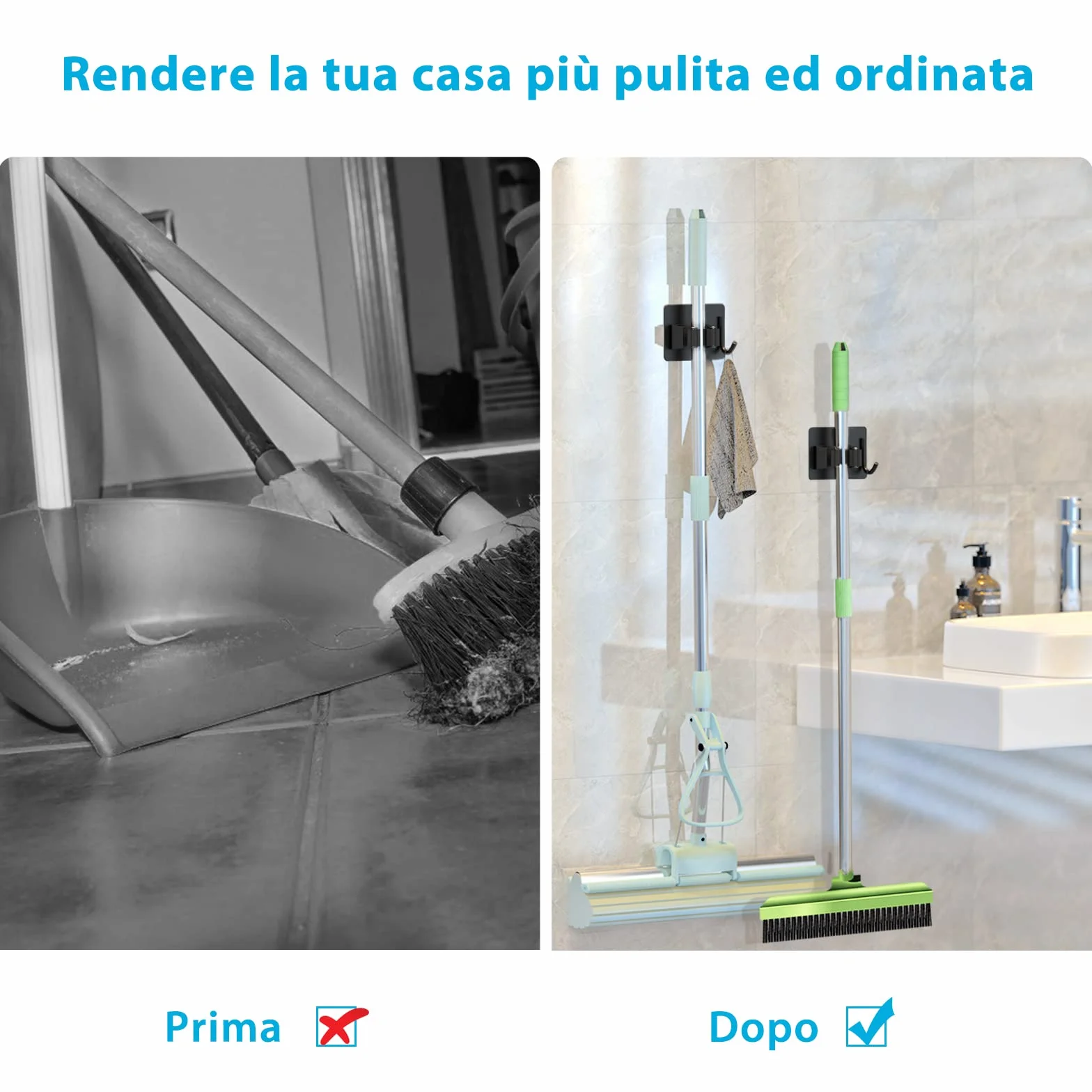 HOMEASY Portascope da Muro Adesivo Appendibile 4 Pezzi, Acciaio Inossidabile per Cucina Bagno Giardino, Nero
