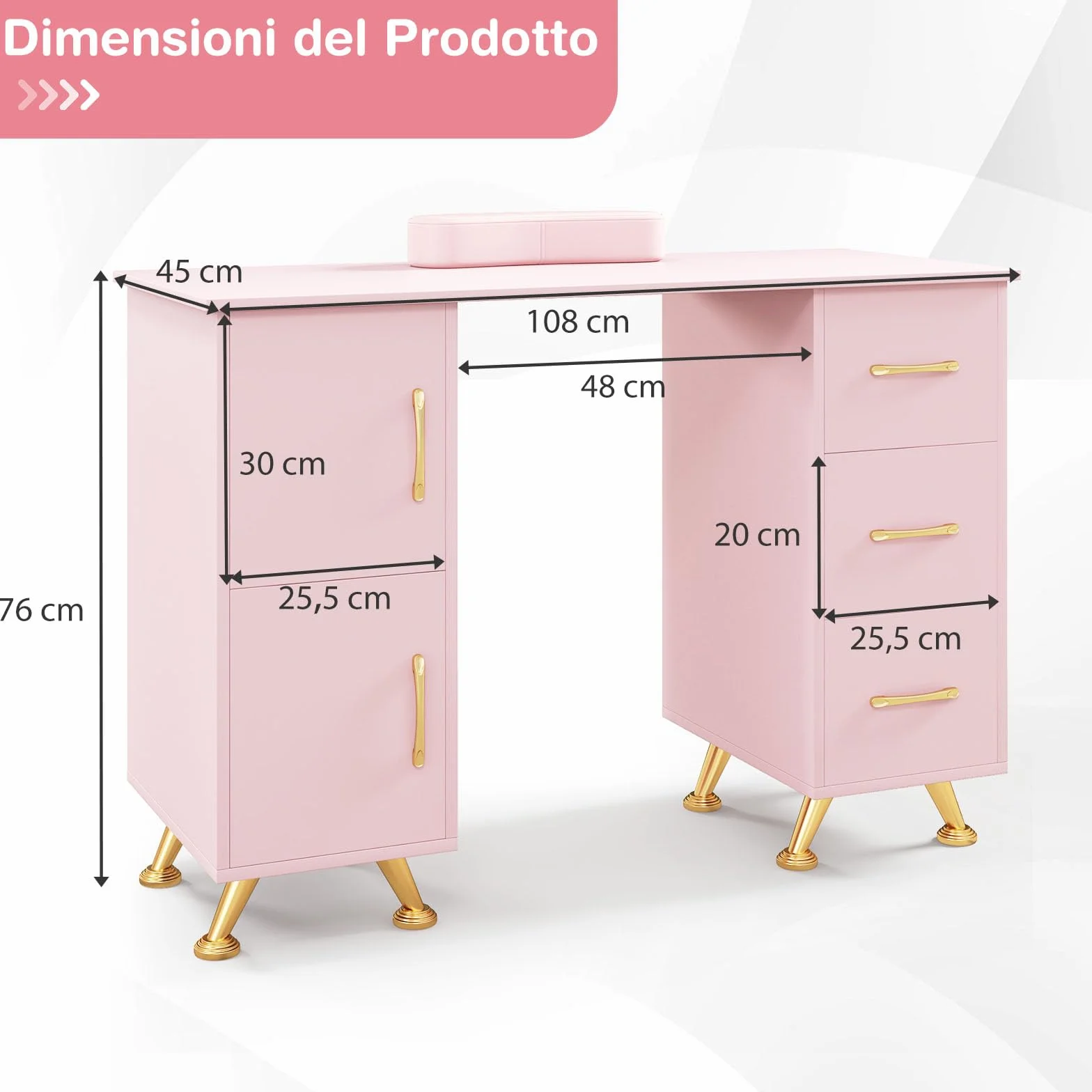GYMAX Tavolo da Manicure, Stazione Tavolo per Tecnico Unghie, Cuscino per Polso, 8 Gambe in Metallo, 3 Cassetti e 2 Armadi, Stazione di Lavoro in Legno per Arte Unghie per Salone di Bellezza (Rosa)