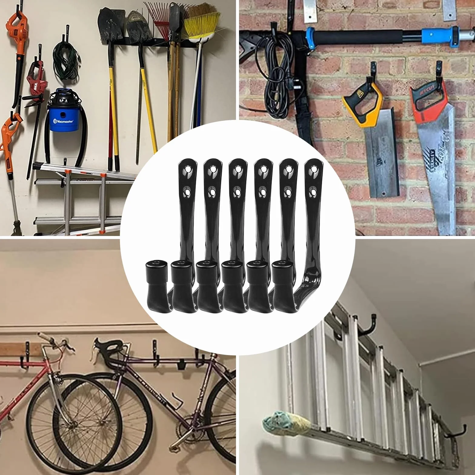 6 Pezzi Ganci da Parete per Garage, Gancio a J Impieghi Gravosi 11.5x9cm Nero