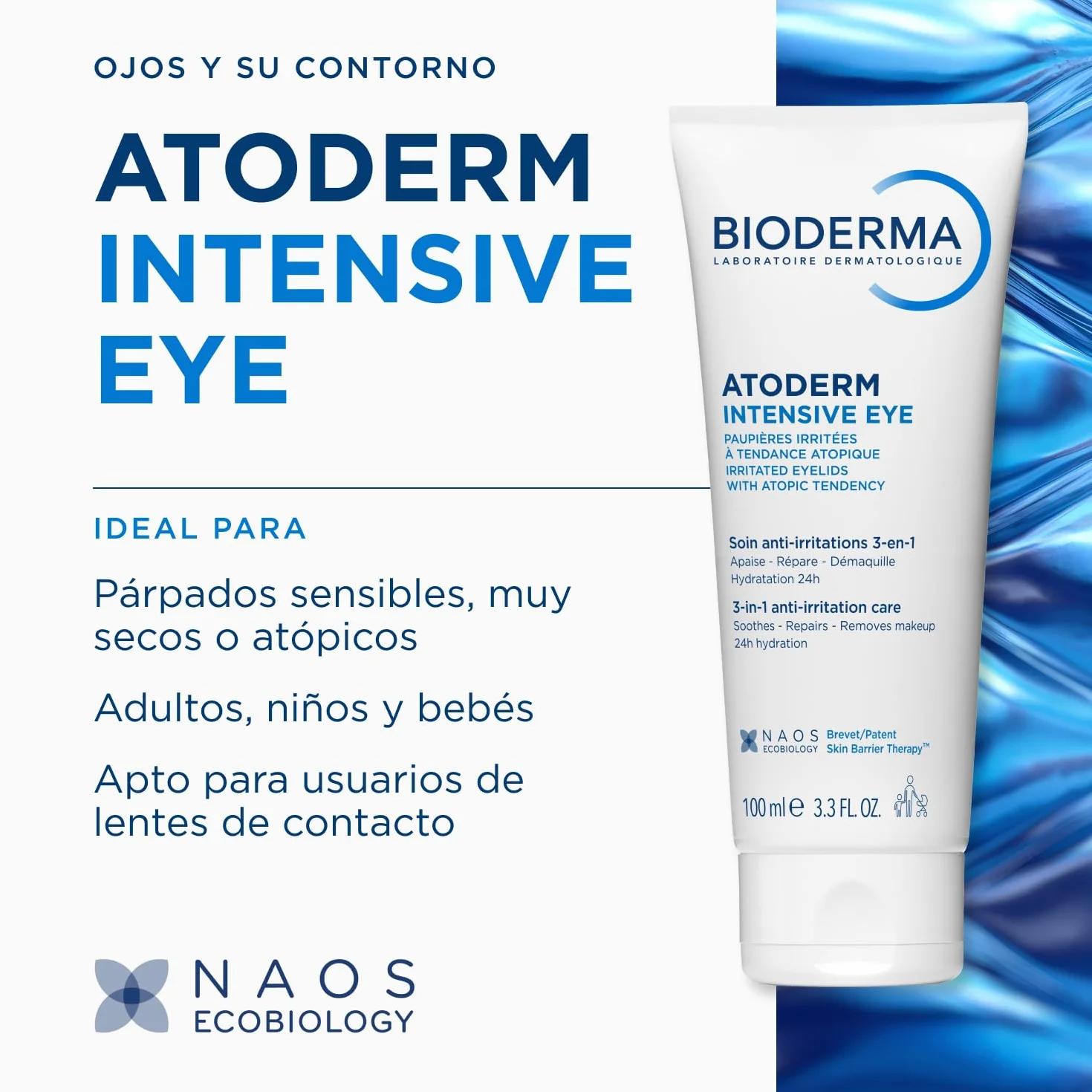 BIODERMA Atoderm Intensive Eye - Trattamento Palpebrale 3-in-1 Detergente, Lenitivo e Riparatore - Buona Base per il Trucco - Pelle molto Secca e Irritata con Tendenza Atopica - Tubo da 100 ml