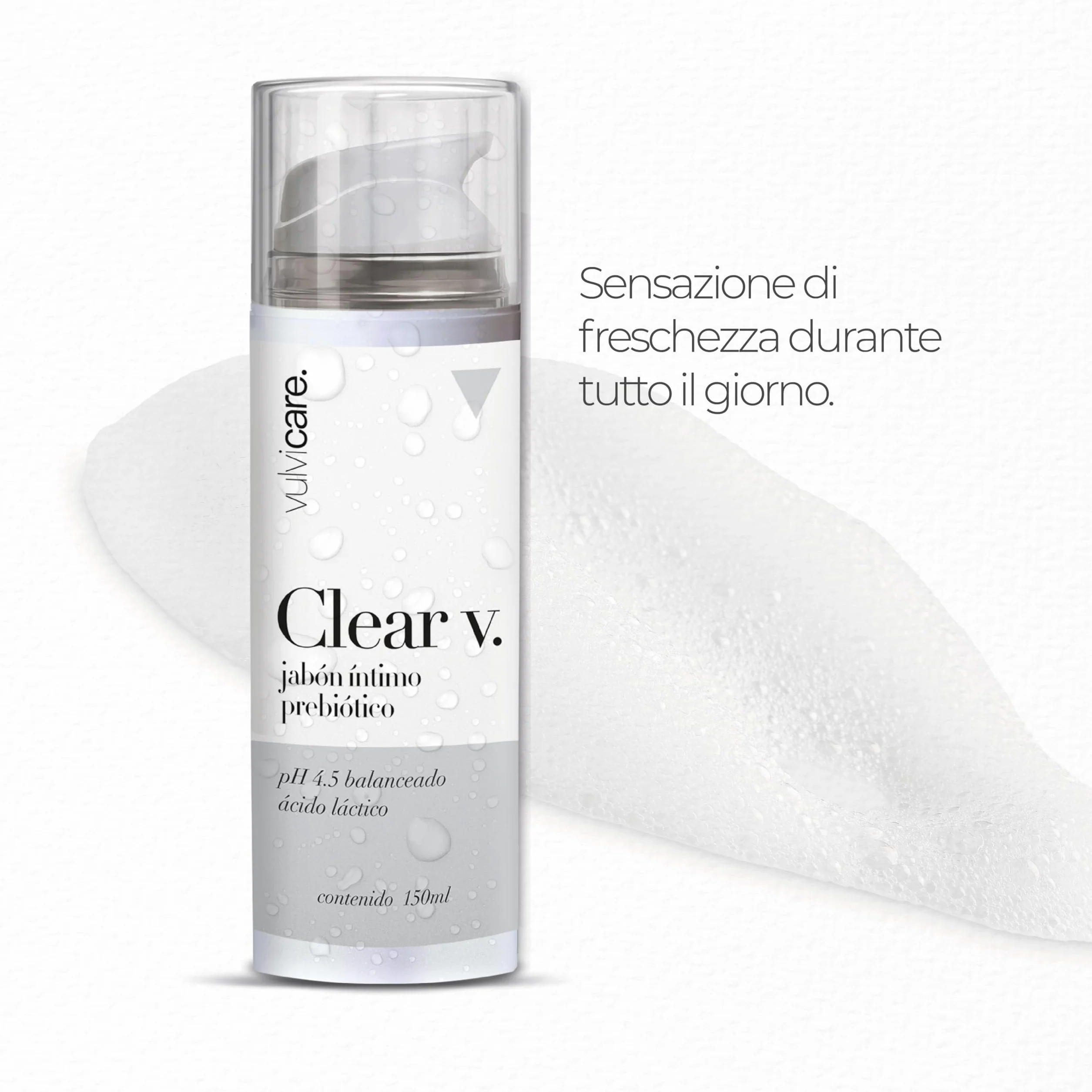 Vulvicare Clear V Sapone intimo prebiotico pH 4,5 bilanciato 150ml - Con acido lattico per un microbiota equilibrato - Igiene e cura vulvovaginale