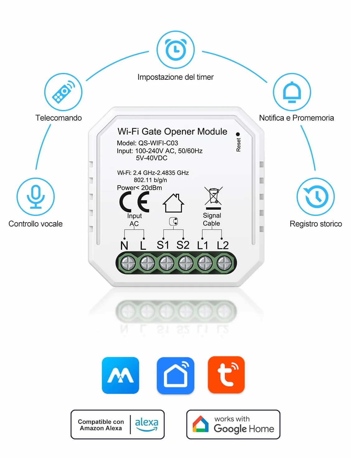 Maxcio Apriporta WiFi Garage Door Opener, Intelligente Compatibile con Alexa/Google Home, APP Controllo Remoto, AC/DC