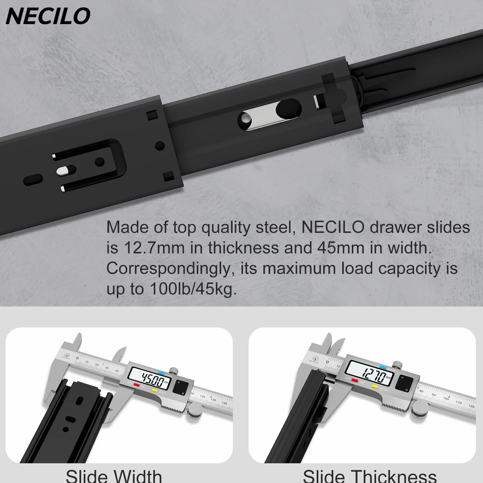 NECILO guide cassetti 200mm 45kg estrazione totale cuscinetti sfera nero 1 coppia