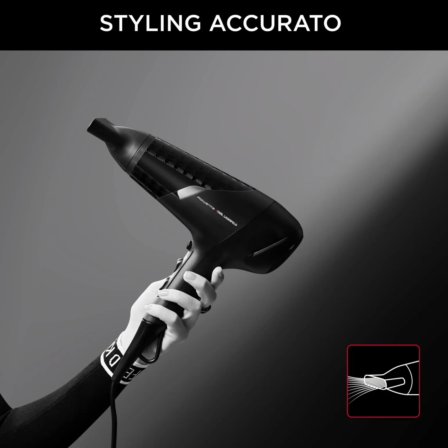 Rowenta x Karl Lagerfeld CV581L Studio Dry, Asciugacapelli, Phon per Capelli Potenza 2100W, Impostazione Thermo Control, 1 Concentratore 12mm, 6 Combinazioni di Velocità/Temperatura