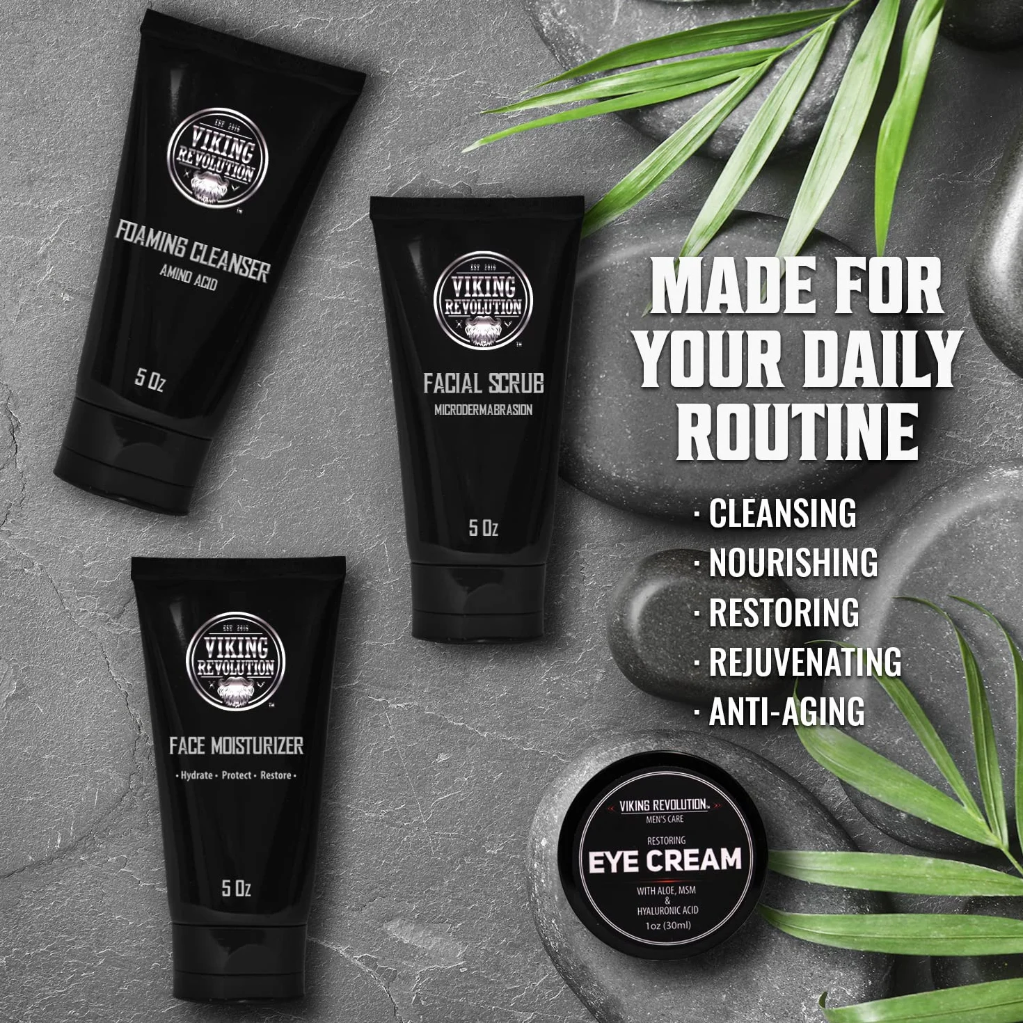 Viking Revolution - Skin Care Kit Uomo - Regalo Uomo - Include Idratante Viso, Scrub Viso, Detergente Schiumogeno (148ml) e Crema Contorno Occhi (30ml)