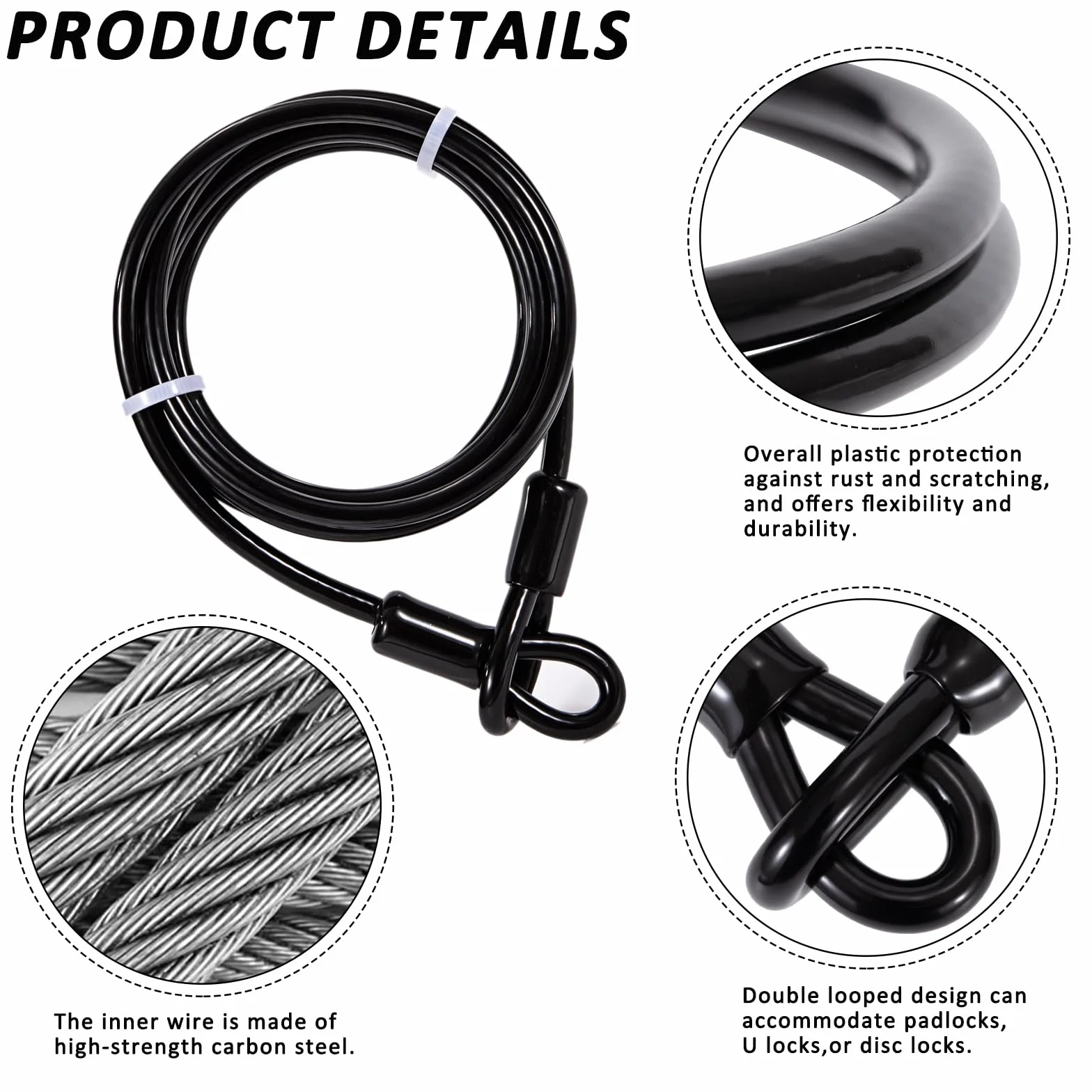 Cavo Antifurto per Biciclette 1.8M 6mm Acciaio PVC Nero