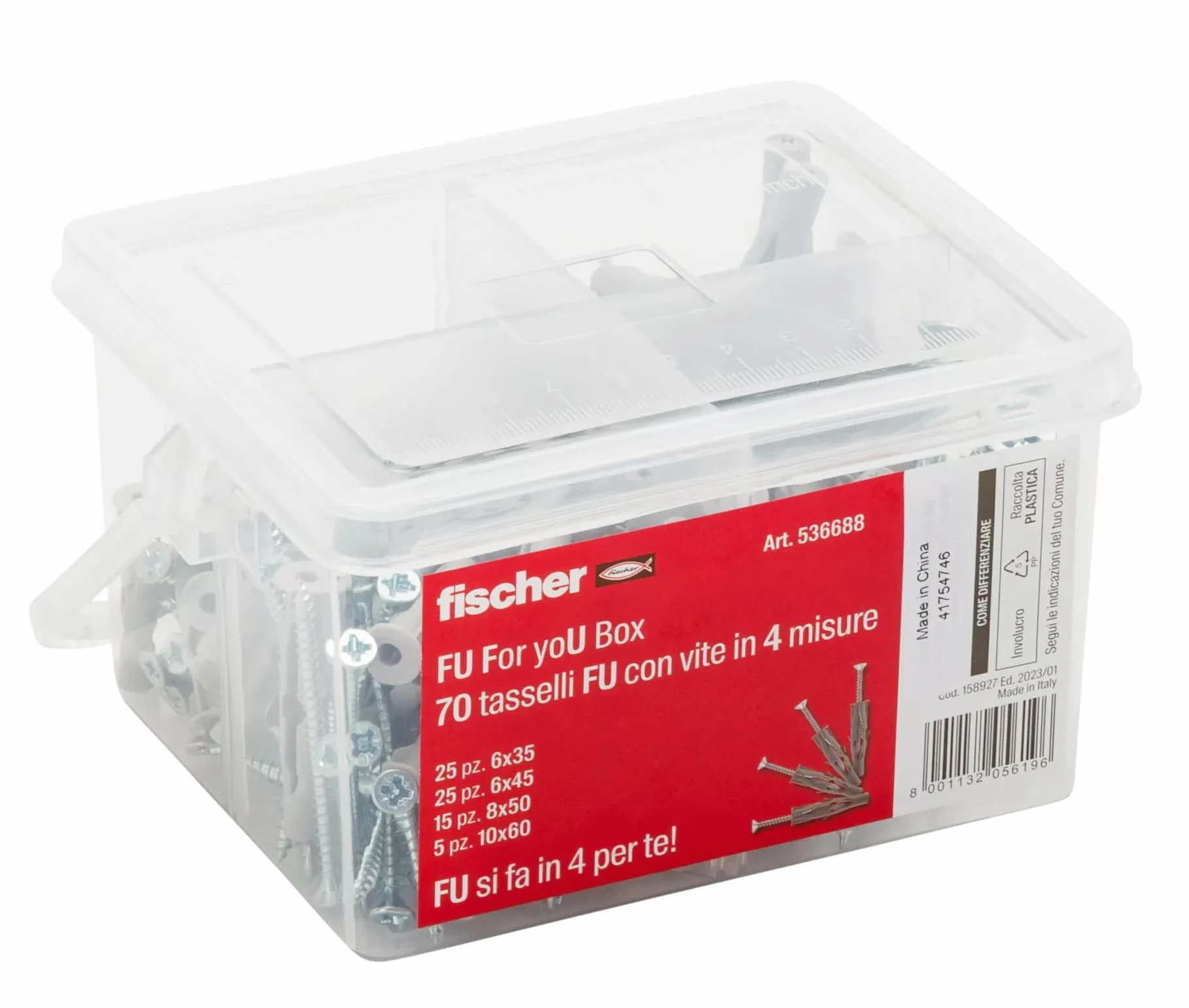 Fischer Kit For You Box 70 Tasselli FU con Vite per Muro Pieno, Cartongesso e Lastre, Grigio