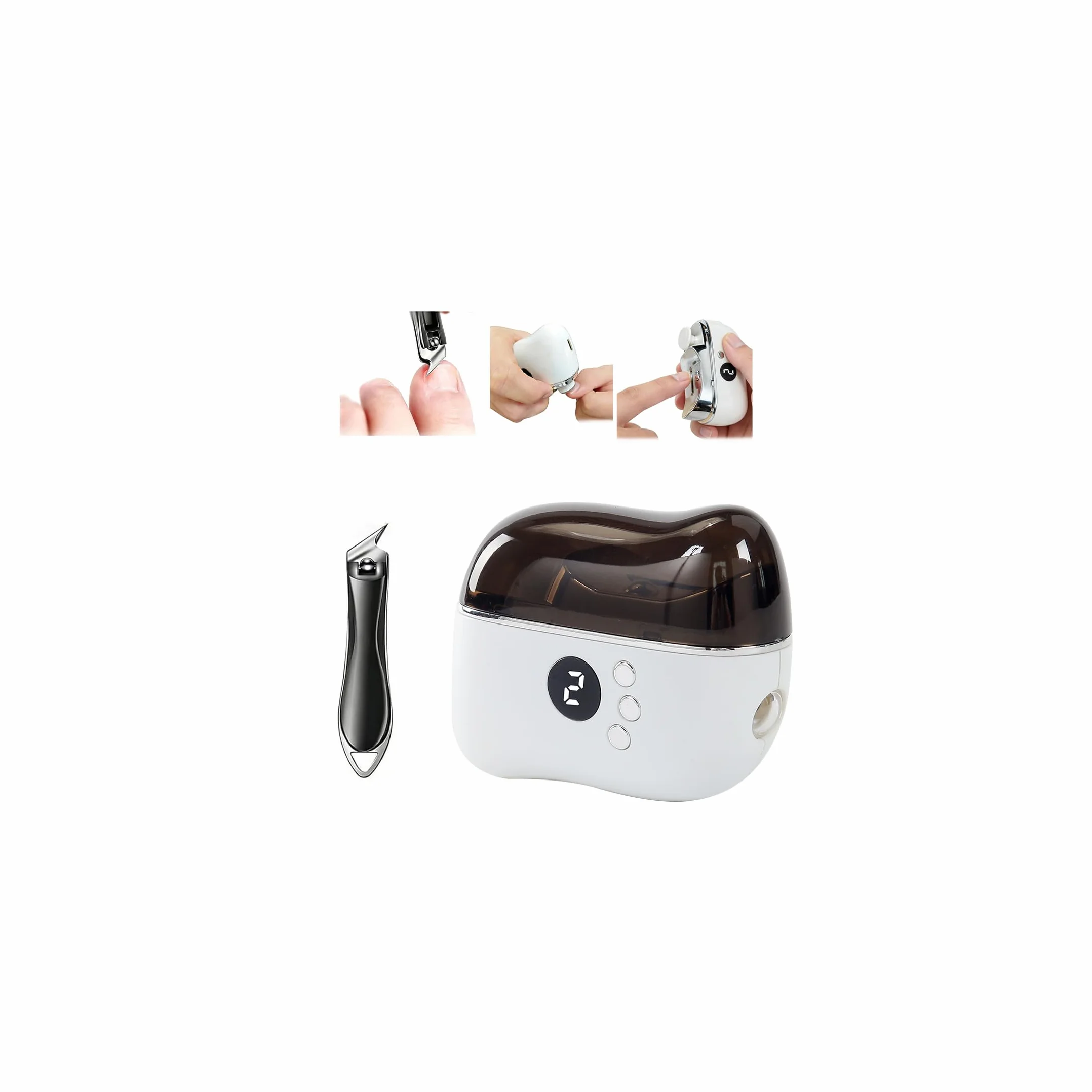Tagliaunghie Elettrico, Tagliaunghie elettrico 3 in 1 (tagliaunghie, lucidatrice e luce LED) Include tagliaunghie angolato, Tre velocità, Adatto a diverse esigenze di cura delle unghie, Bianco